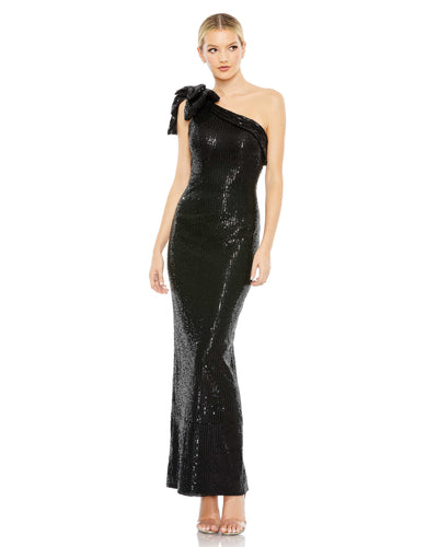 Sequined Bow One Shoulder Column Gown – Mac Duggal