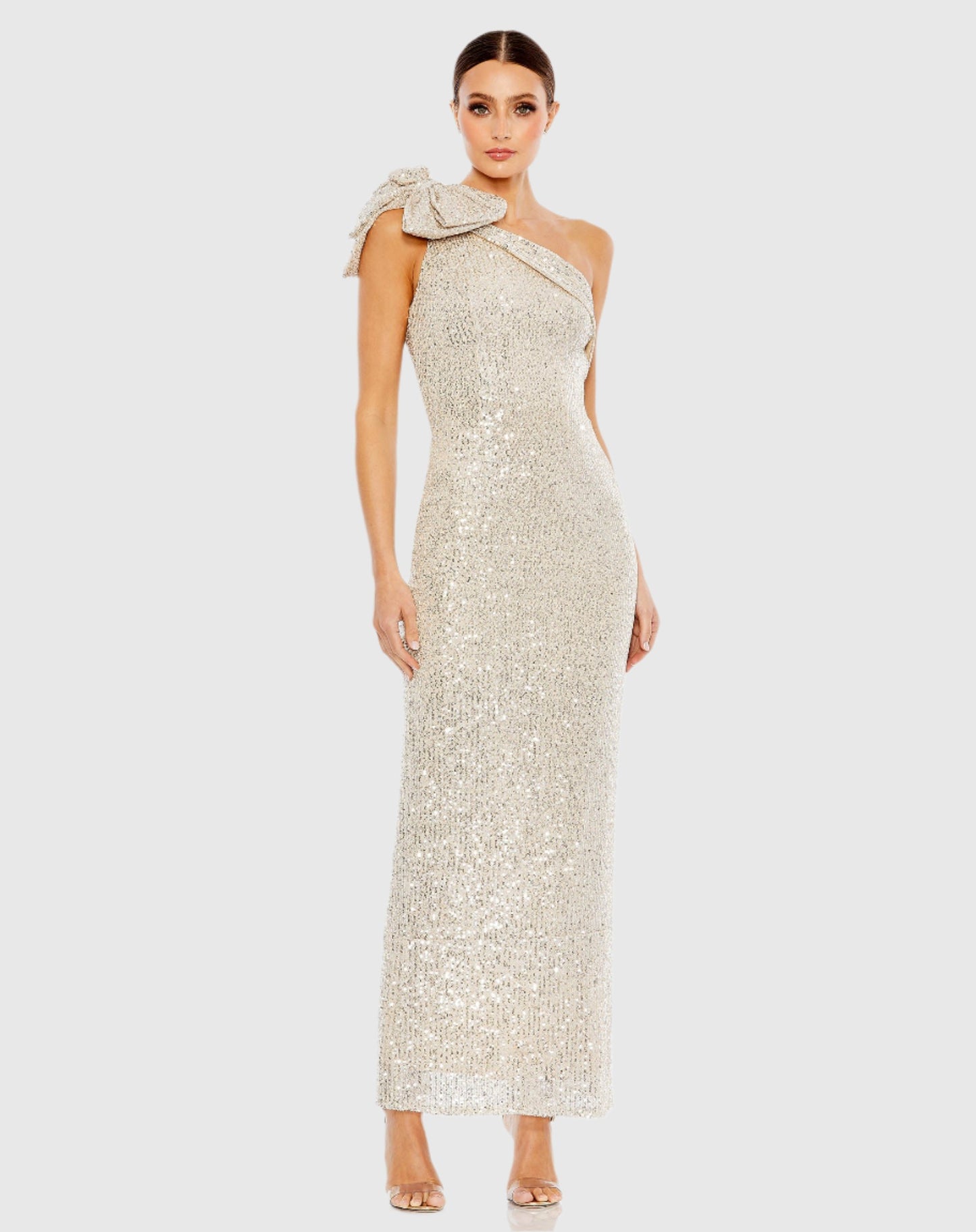 Sequined Bow One Shoulder Column Gown