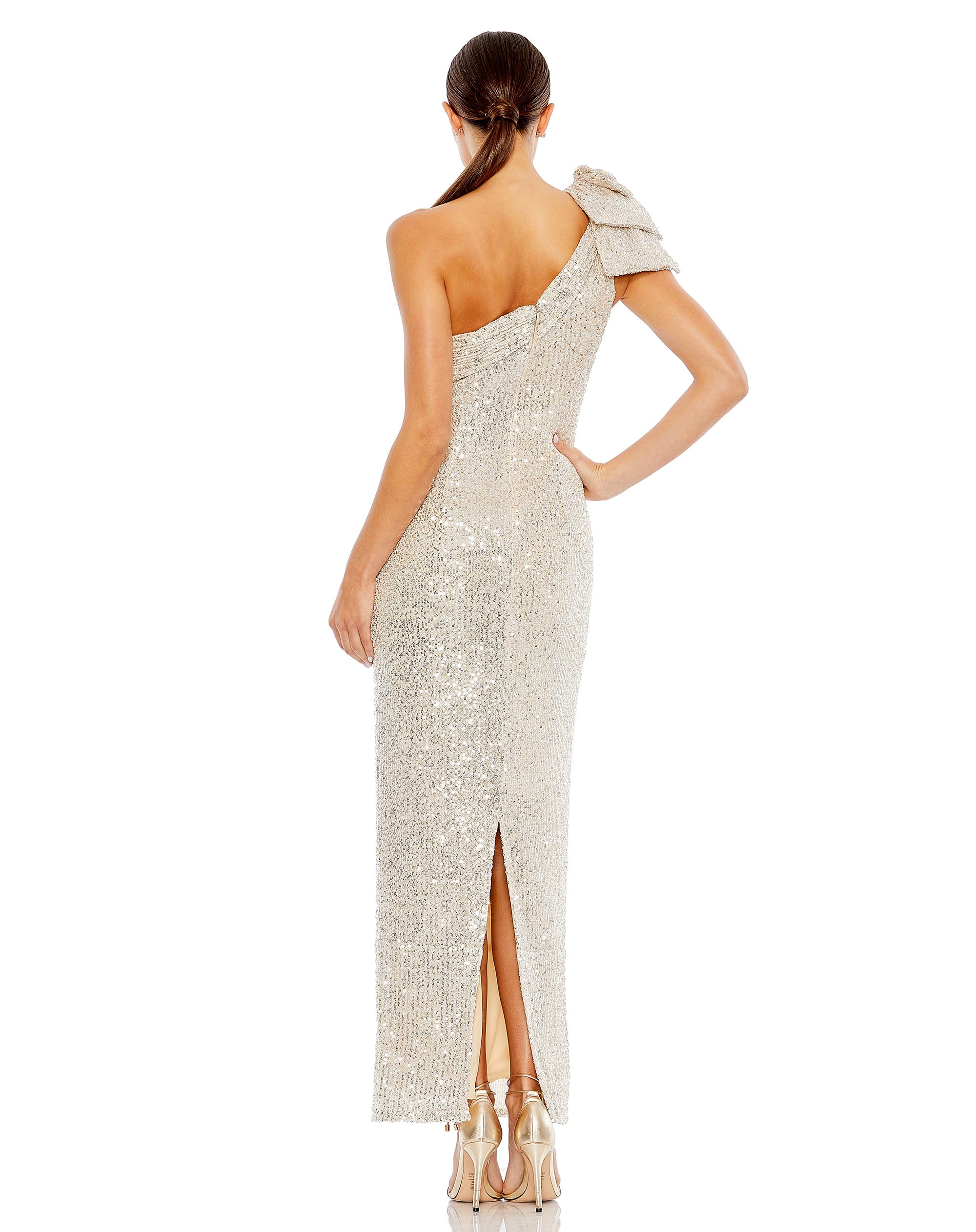 Sequined Bow One Shoulder Column Gown – Mac Duggal