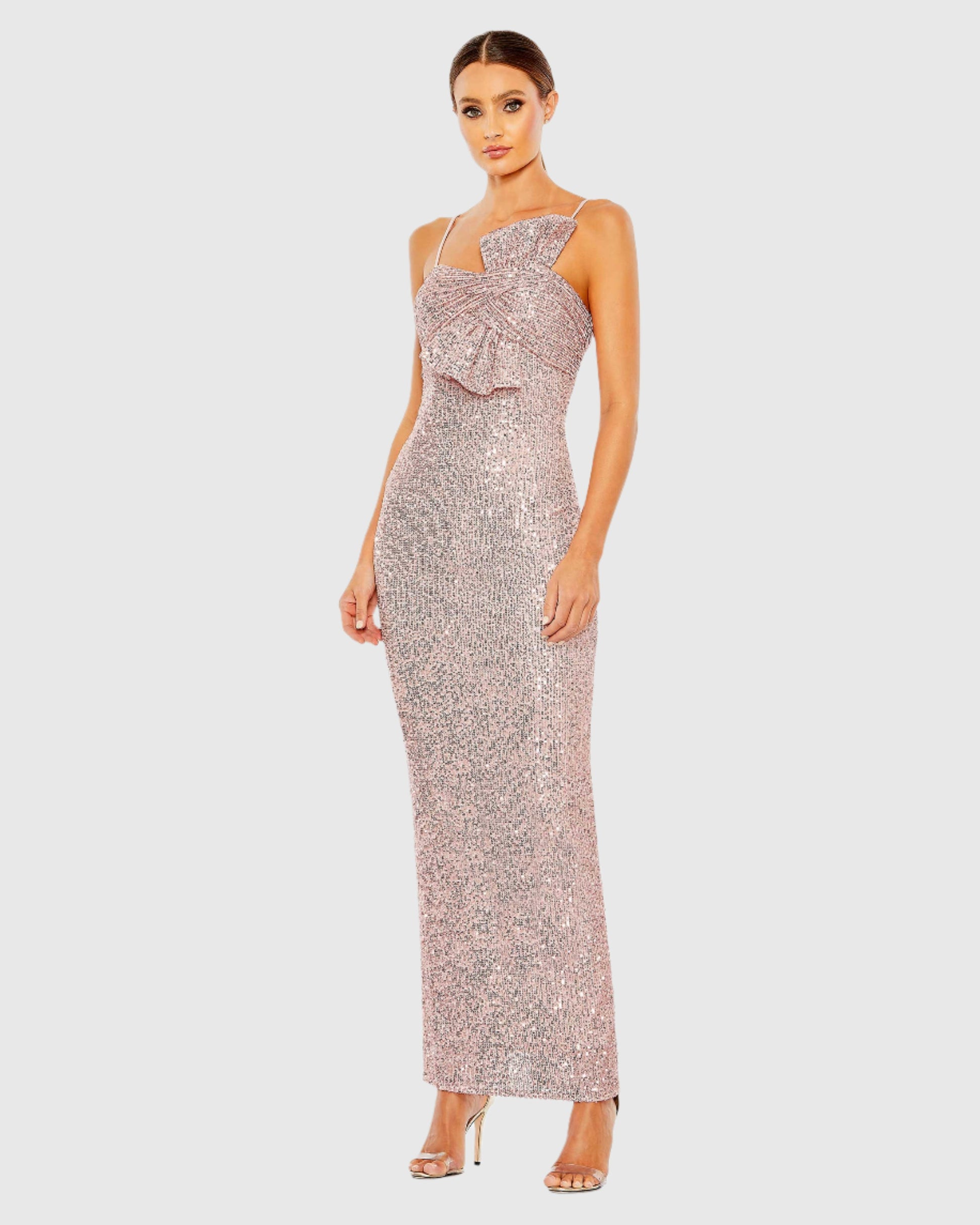 Sequined Strapless Faux Bow Column Gown