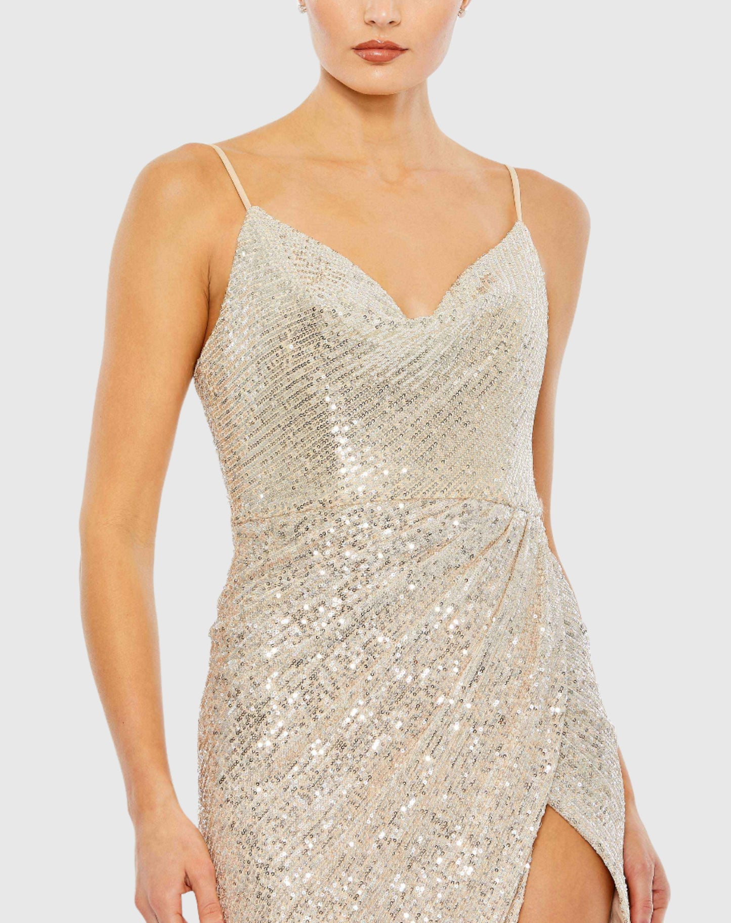 Sequined Cowl Neck Faux Wrap Dress