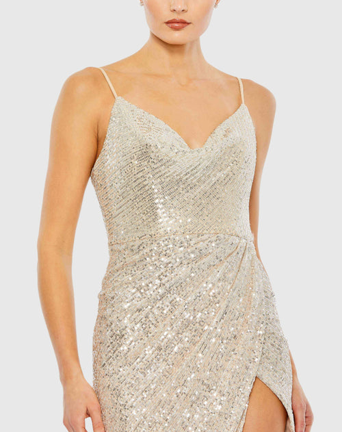 Sequined Cowl Neck Faux Wrap Dress