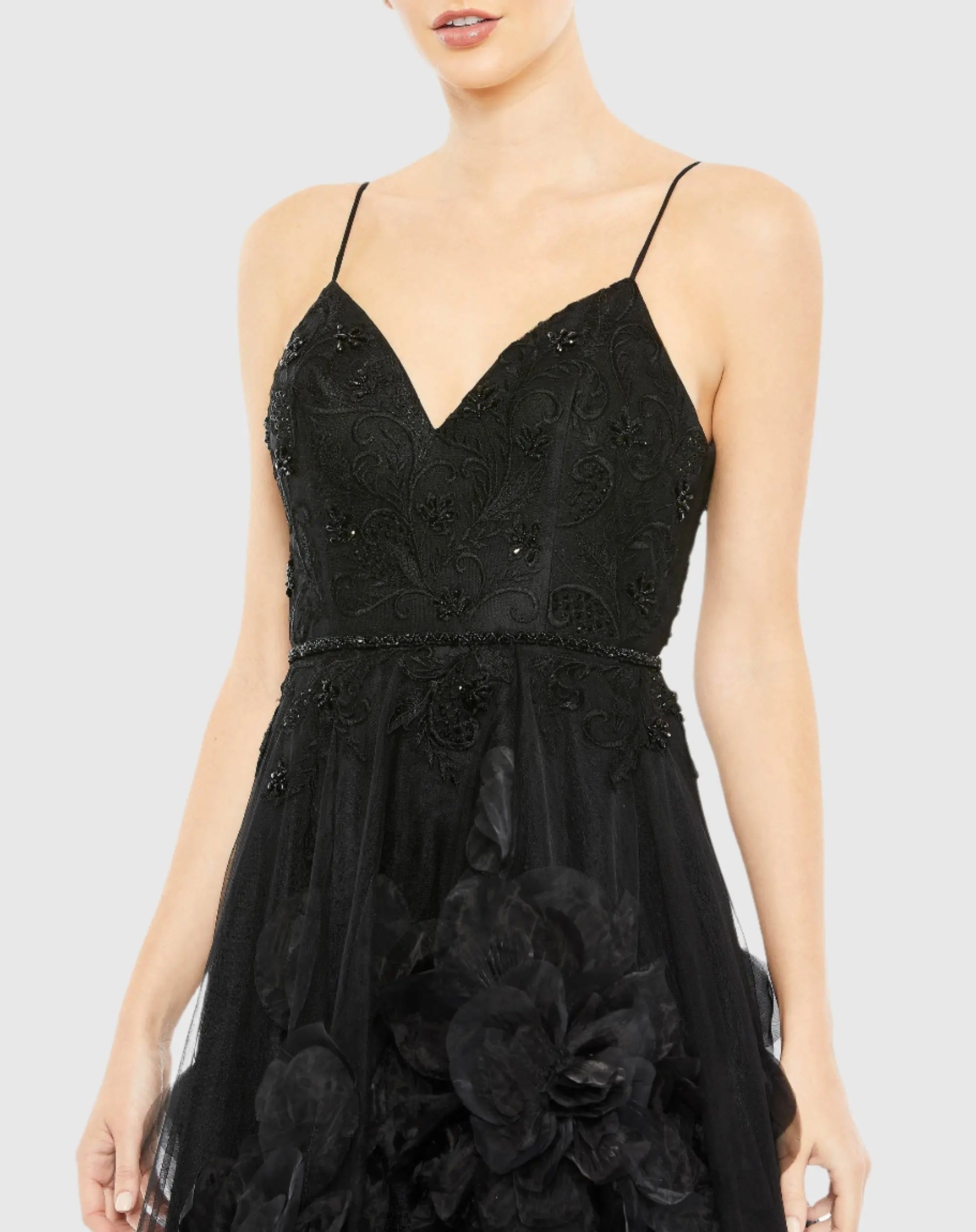 Black Embellished Floral High Low Sleeveless Gown - Mac Duggal