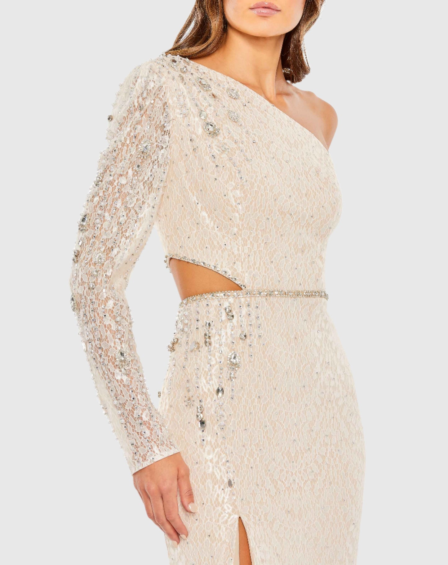 Embellished One Sleeve Cut Out Gown