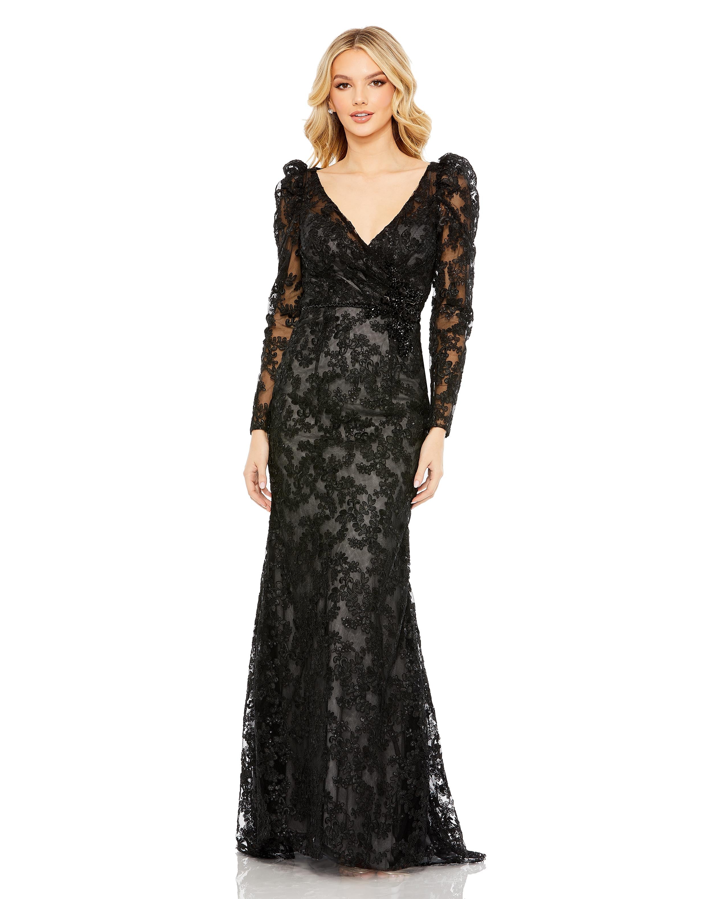 Embroidered Lace Puff Sleeve Wrap Over Gown