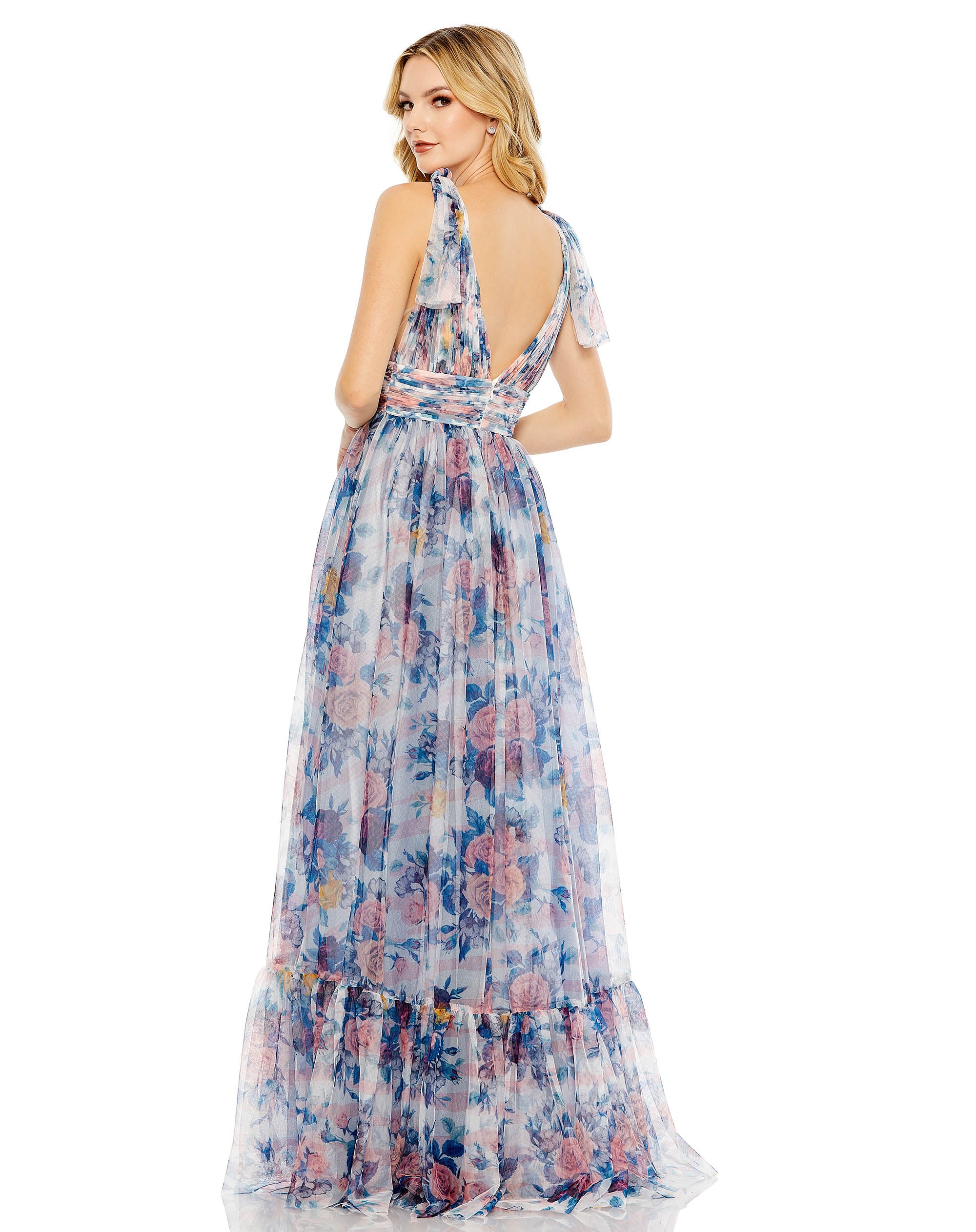 Floral Print Ruched Soft Tie Sleeveless Gown