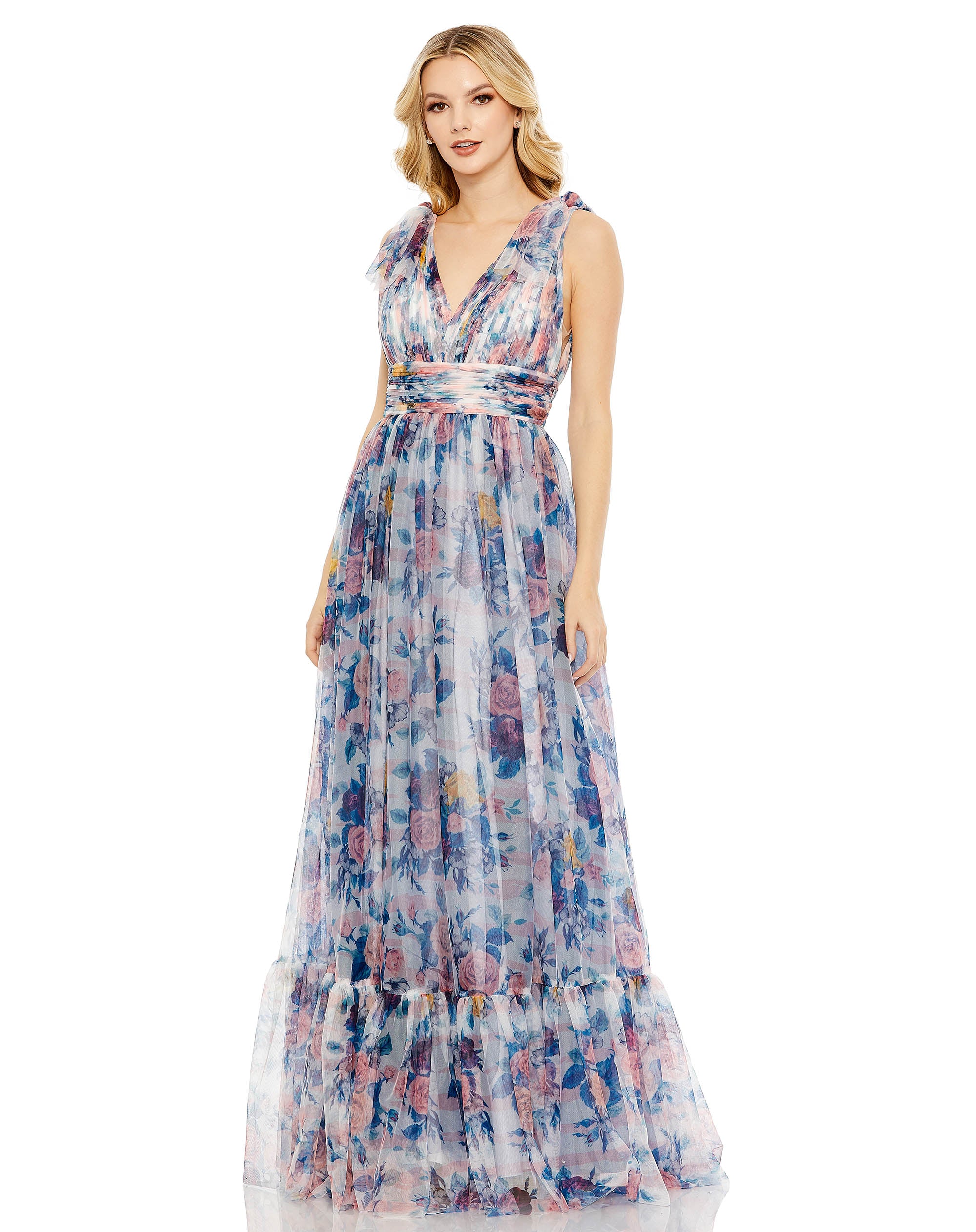 Floral Print Ruched Soft Tie Sleeveless Gown
