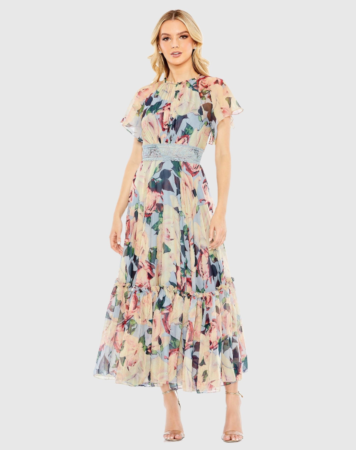 Floral Chiffon High Neck Flutter Sleeve Dress