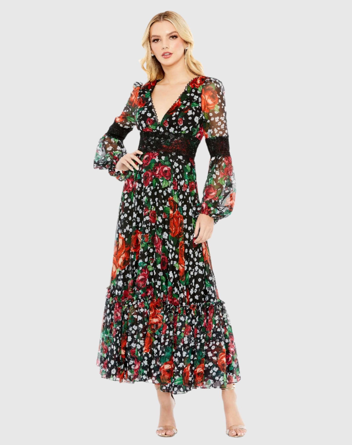 V-neck Floral Long Puff Sleeve Ruffle Dress