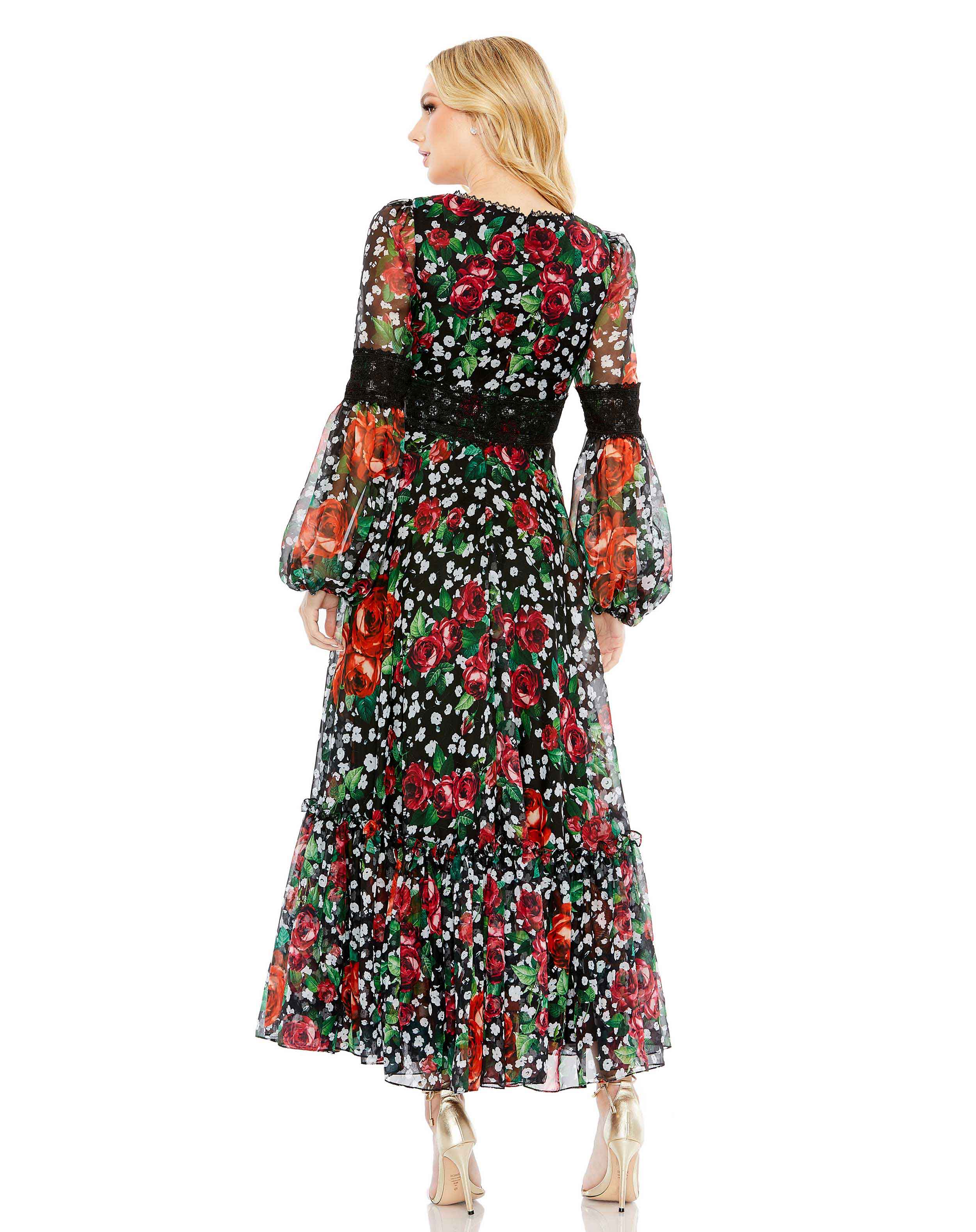 V-neck Floral Long Puff Sleeve Ruffle Dress