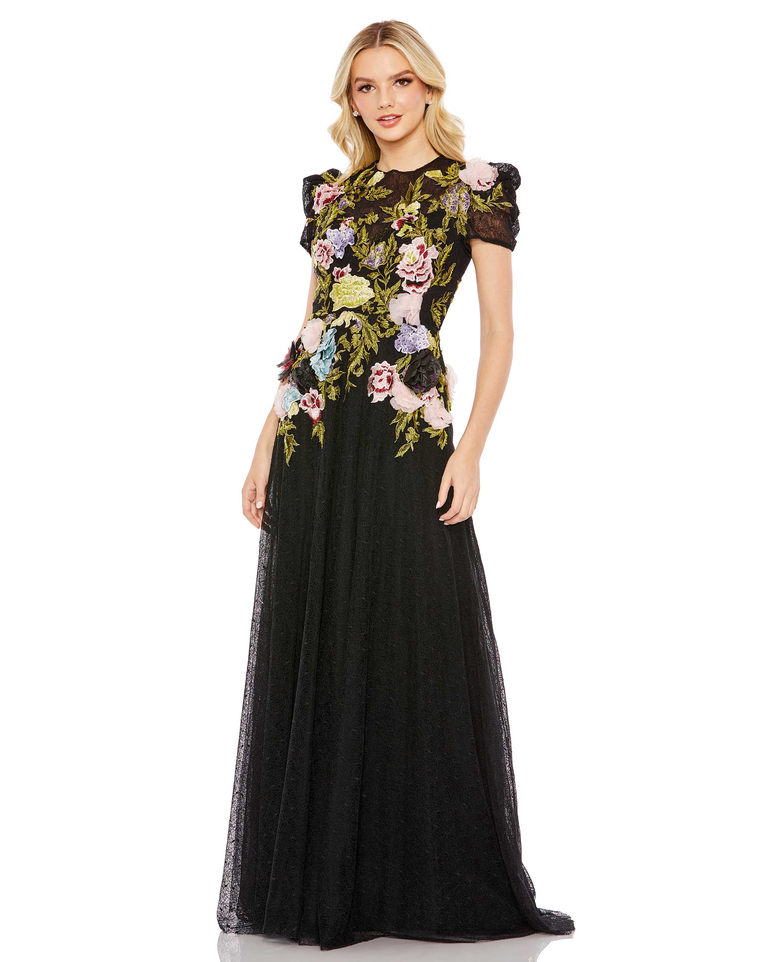 Embroidered Floral Short Sleeve Gown