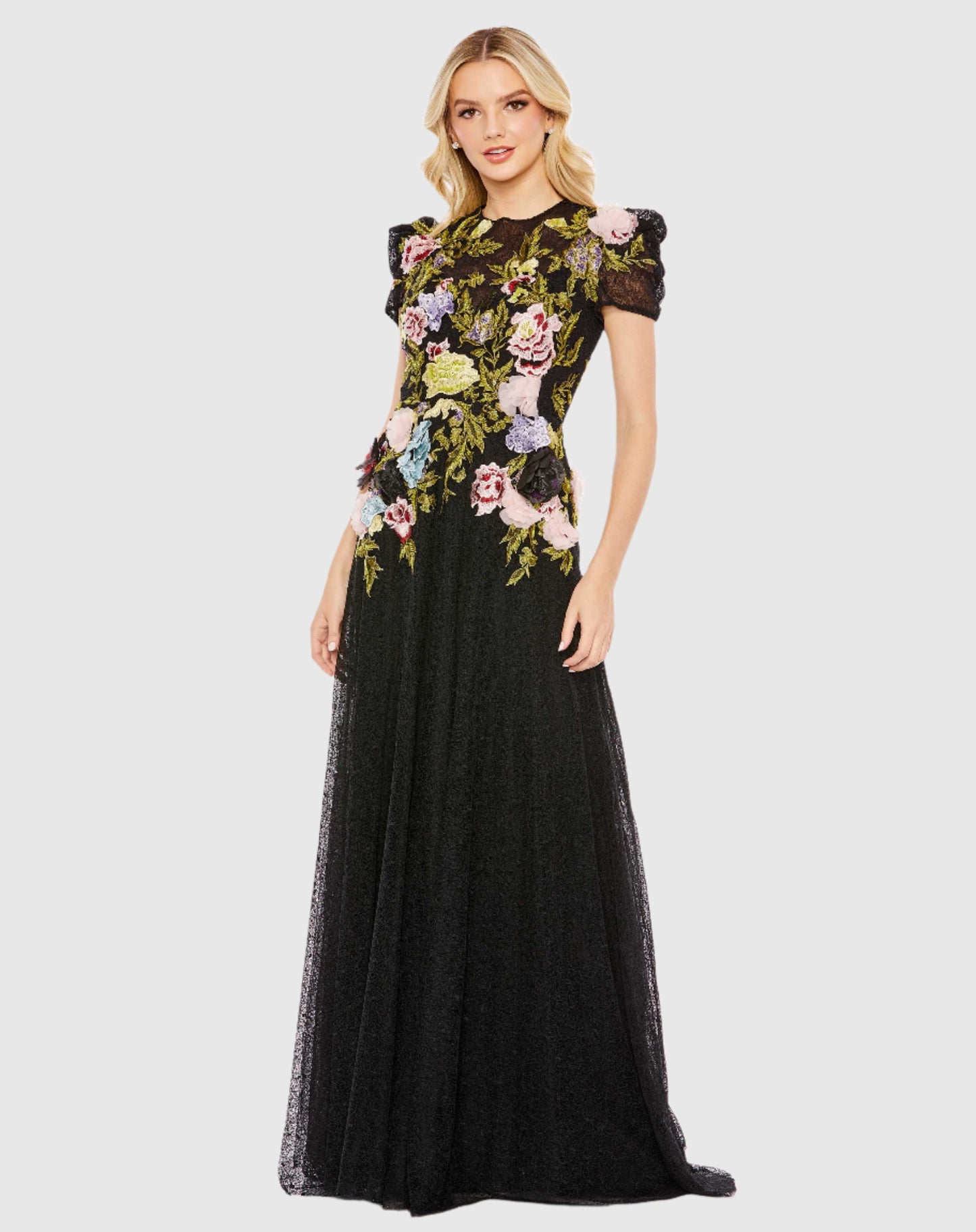 Embroidered Floral Short Sleeve Gown