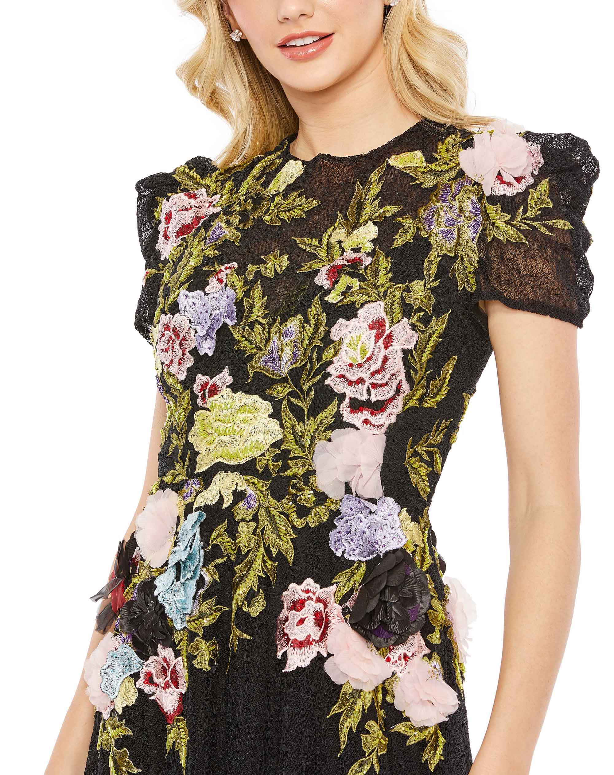 Embroidered Floral Short Sleeve Gown