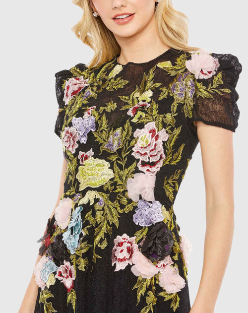 Embroidered Floral Short Sleeve Gown