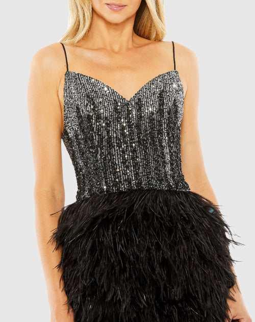 Sleeveless Sequin Dress w/ Feather Skirt