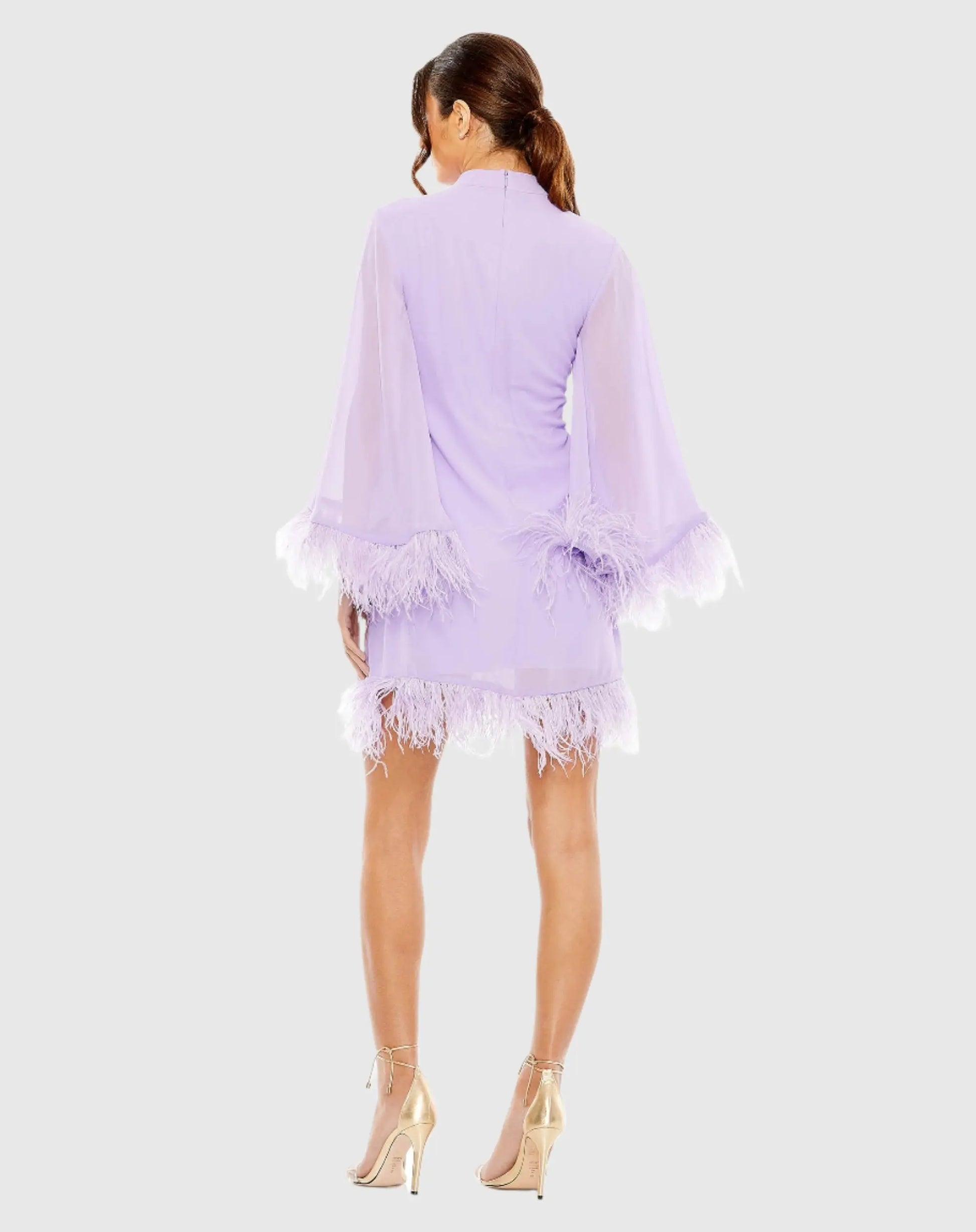 High Neck Cape Sleeve Mini Dress with Feather Trim - Mac Duggal