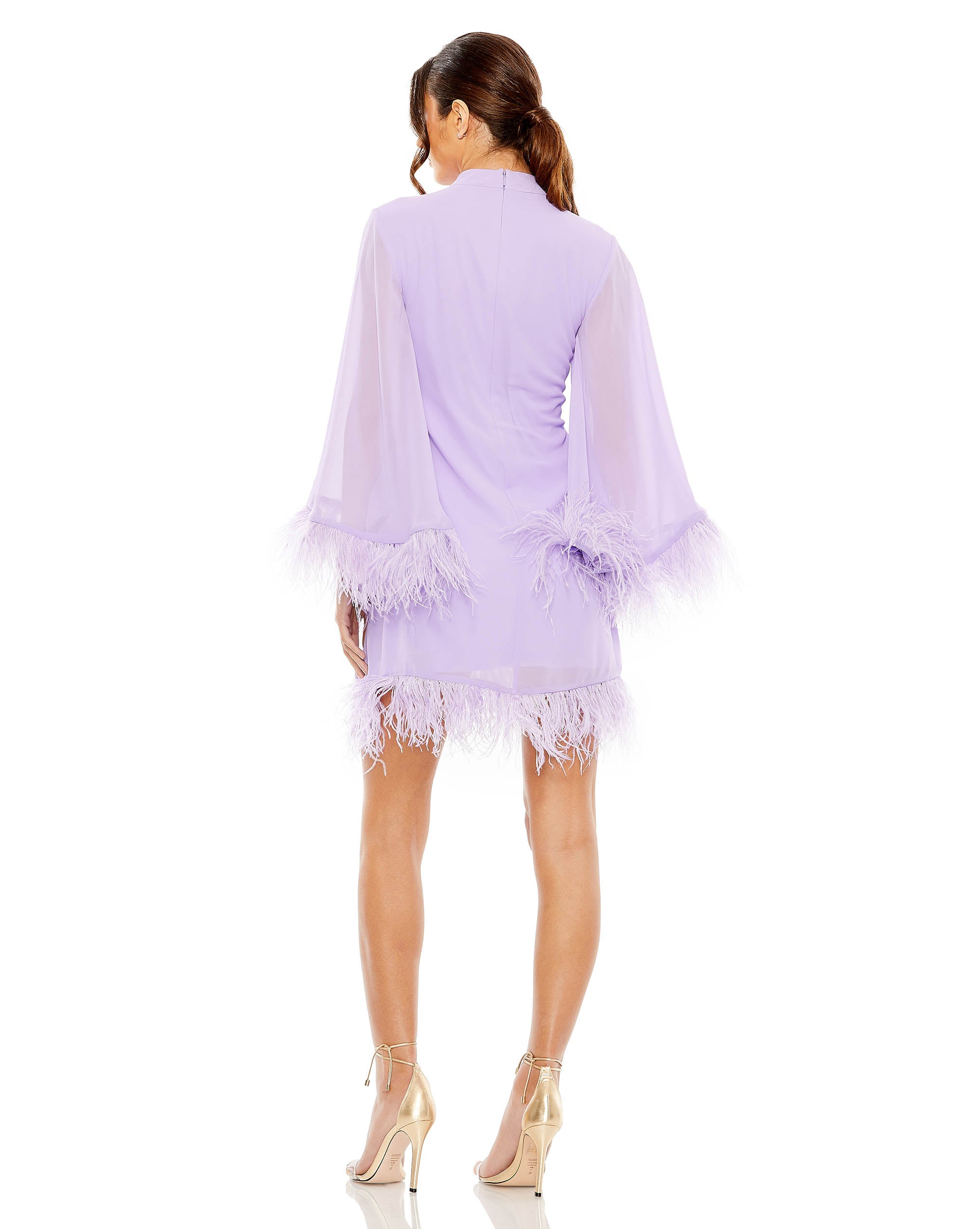 High Neck Cape Sleeve Mini Dress with Feather Trim