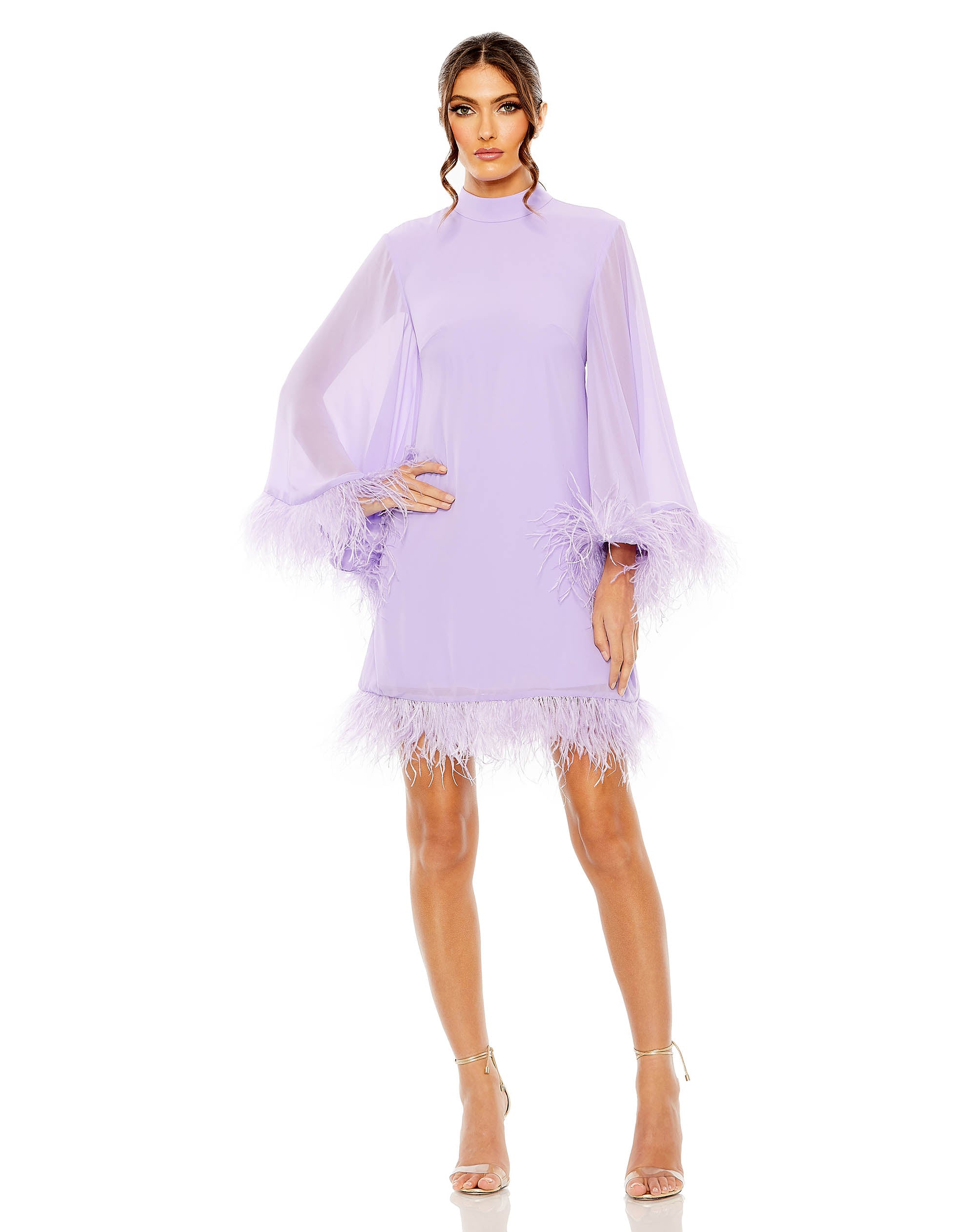 High Neck Cape Sleeve Mini Dress with Feather Trim