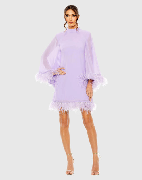 High Neck Cape Sleeve Mini Dress with Feather Trim