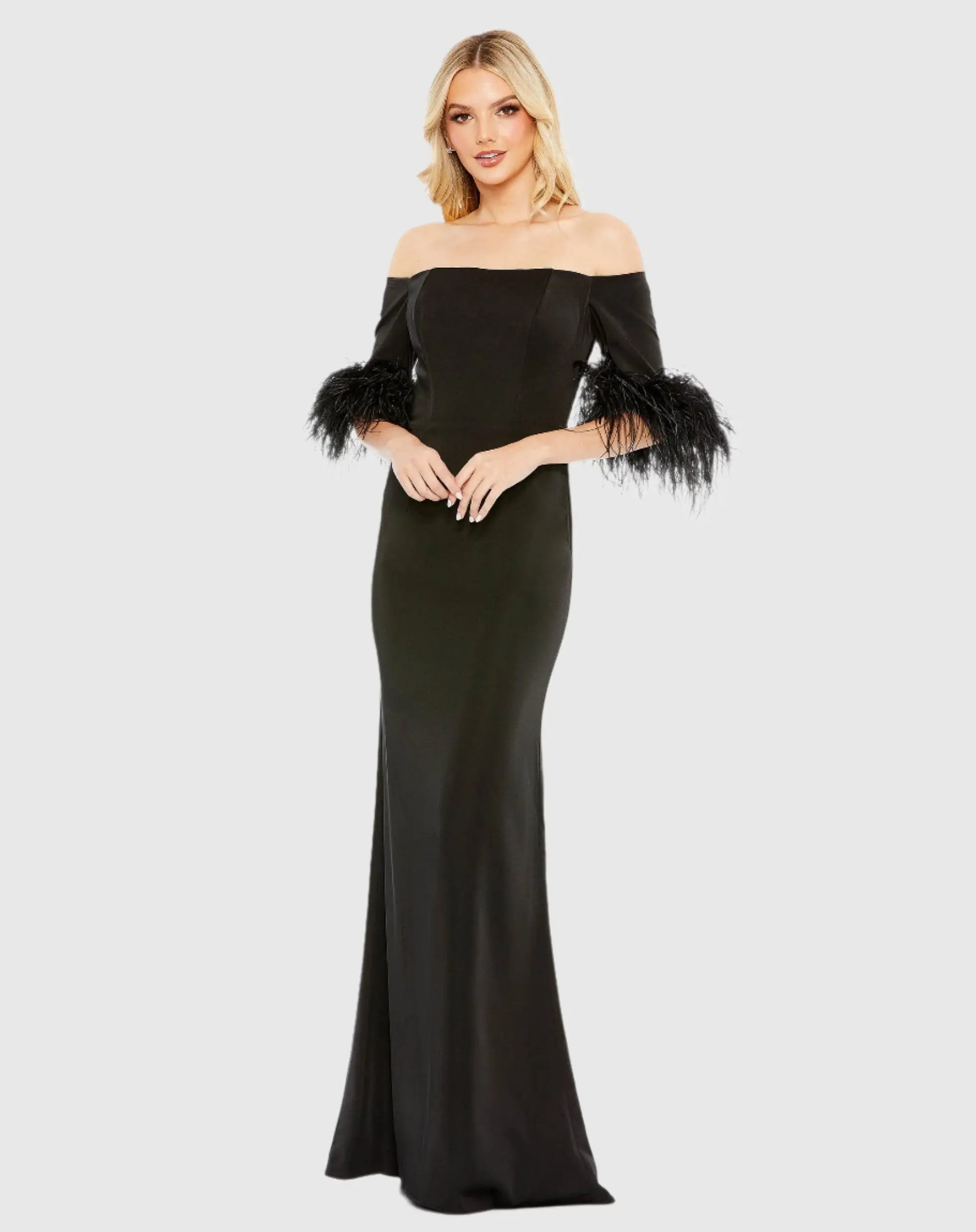 Black Feather Trim Off The Shoulder Column Gown - Ieena for Mac Duggal