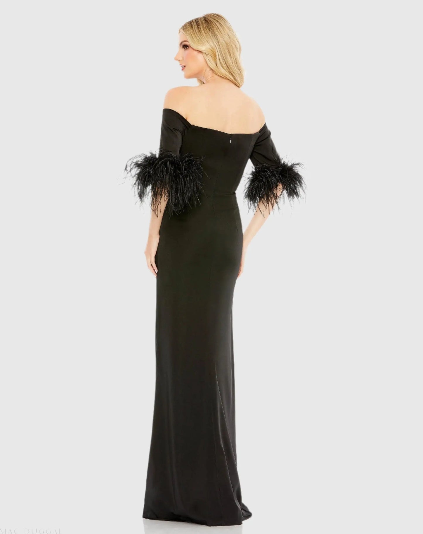 Black Feather Trim Off The Shoulder Column Gown - Ieena for Mac Duggal