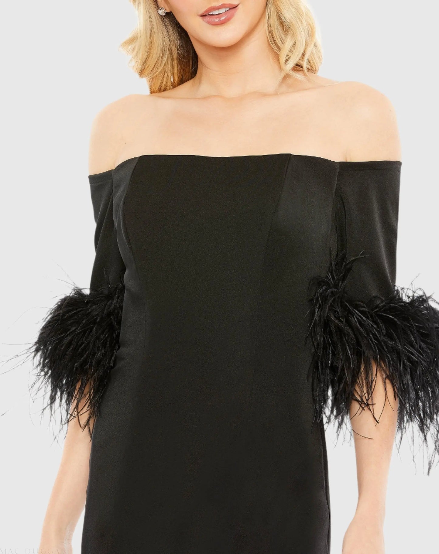 Black Feather Trim Off The Shoulder Column Gown - Ieena for Mac Duggal