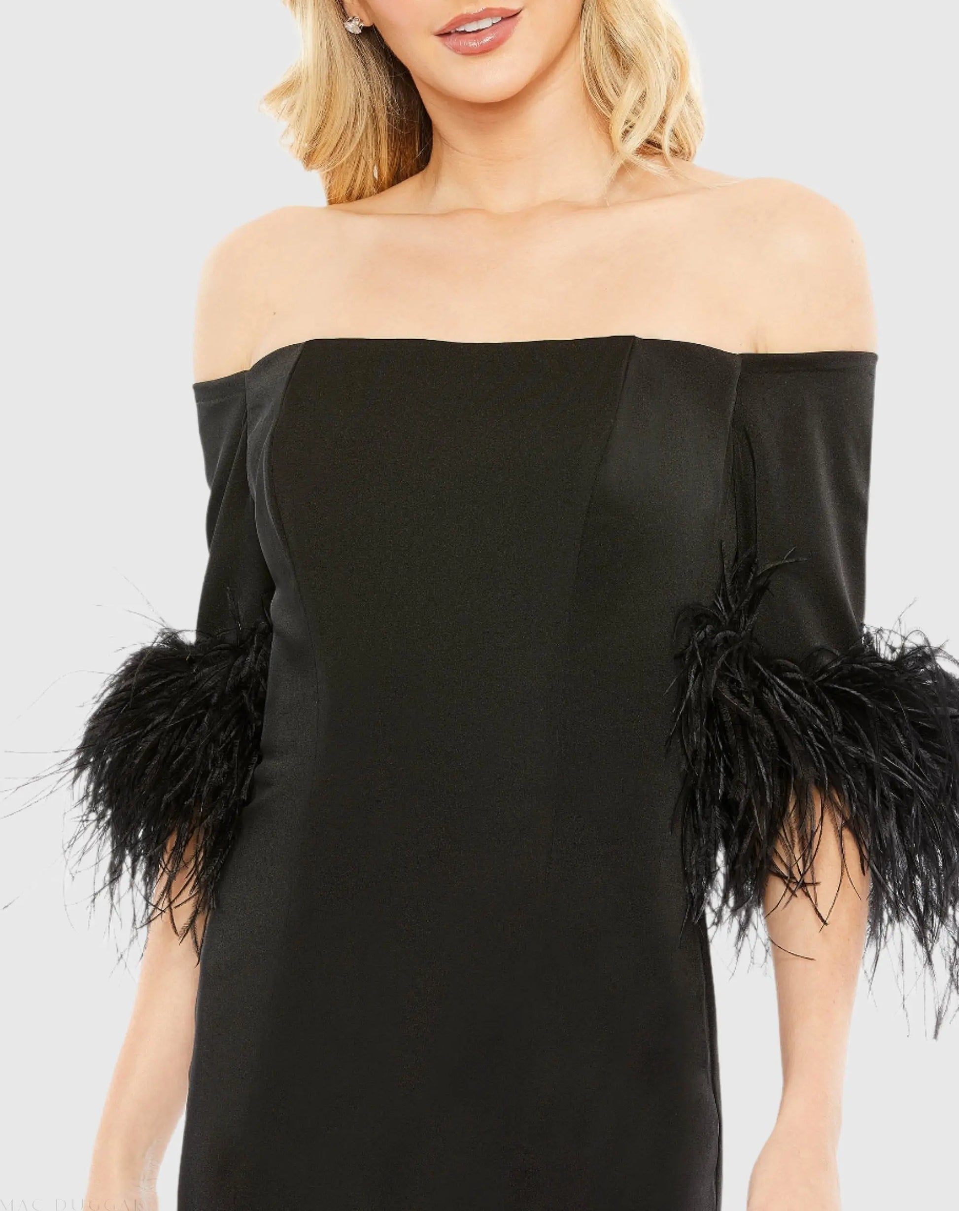 Black Feather Trim Off The Shoulder Column Gown - Ieena for Mac Duggal