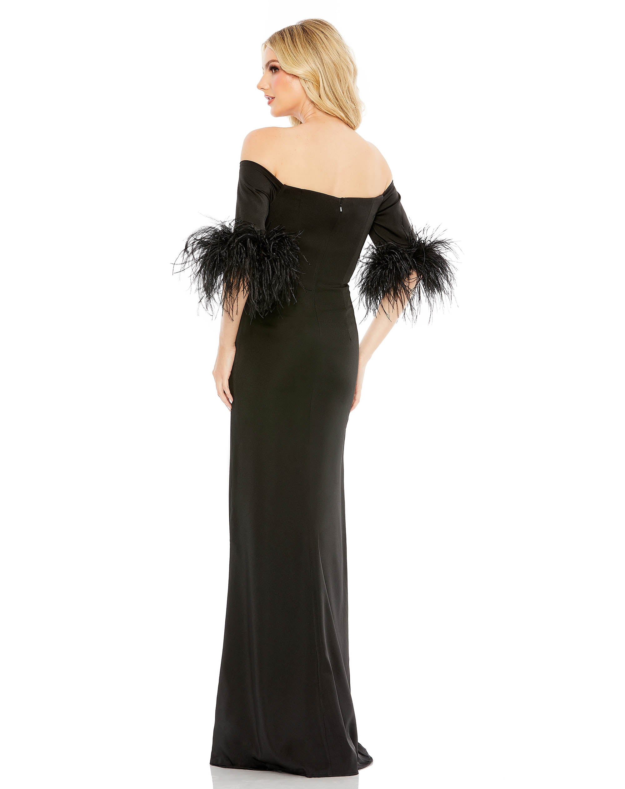 Feather Trim Off The Shoulder Column Gown