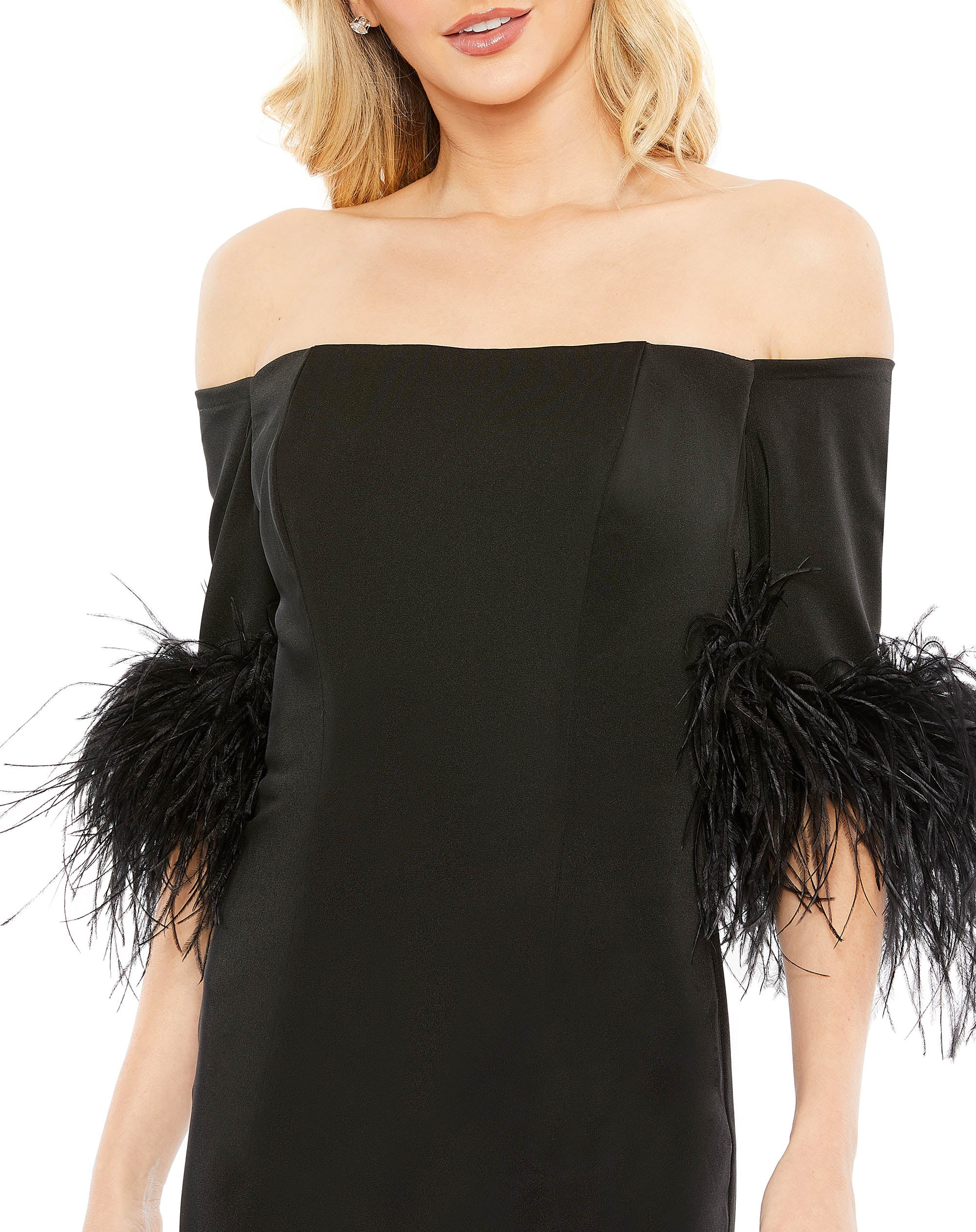 Feather Trim Off The Shoulder Column Gown