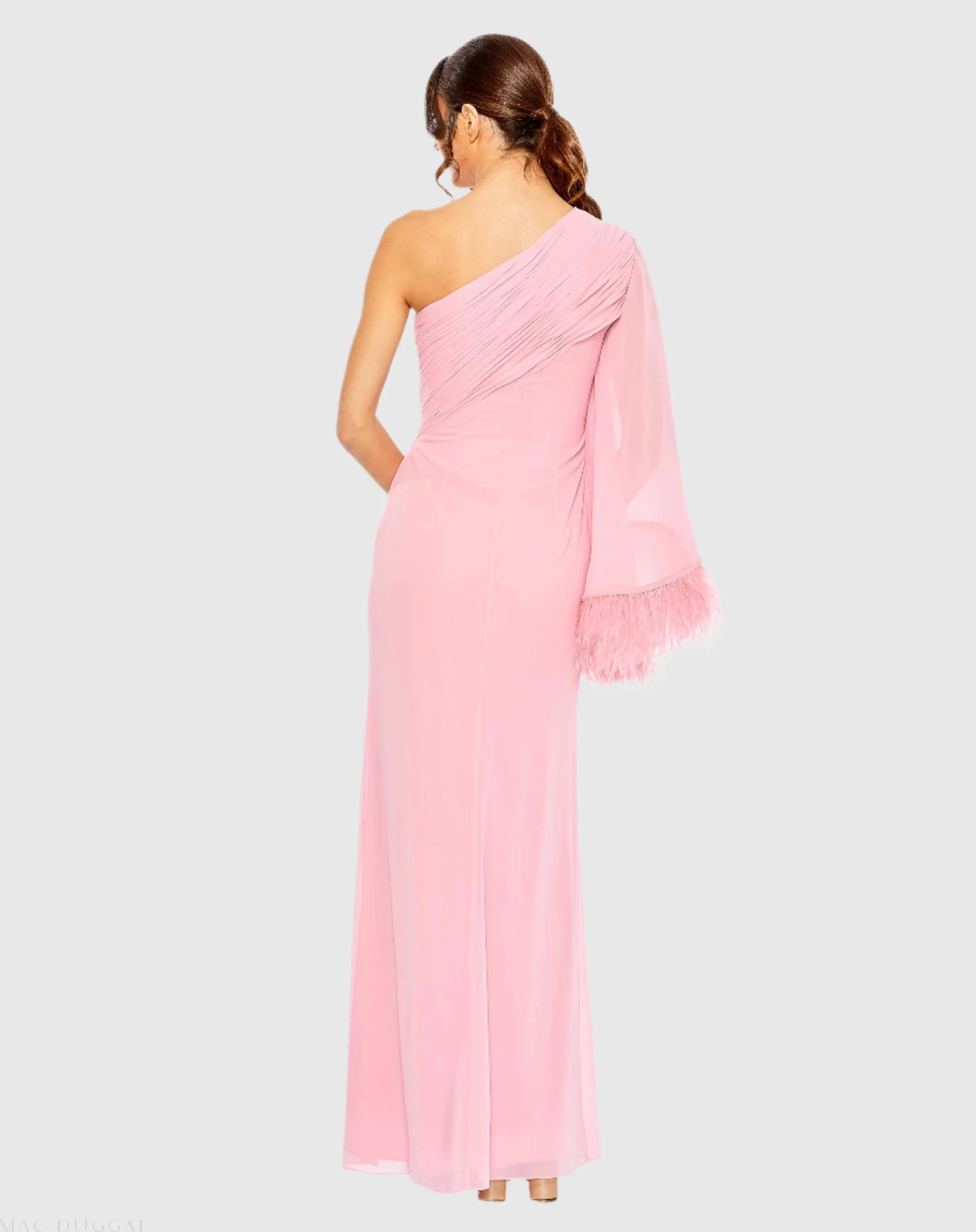 Pink Feather Cuff One Shoulder Ruched Gown - Mac Duggal
