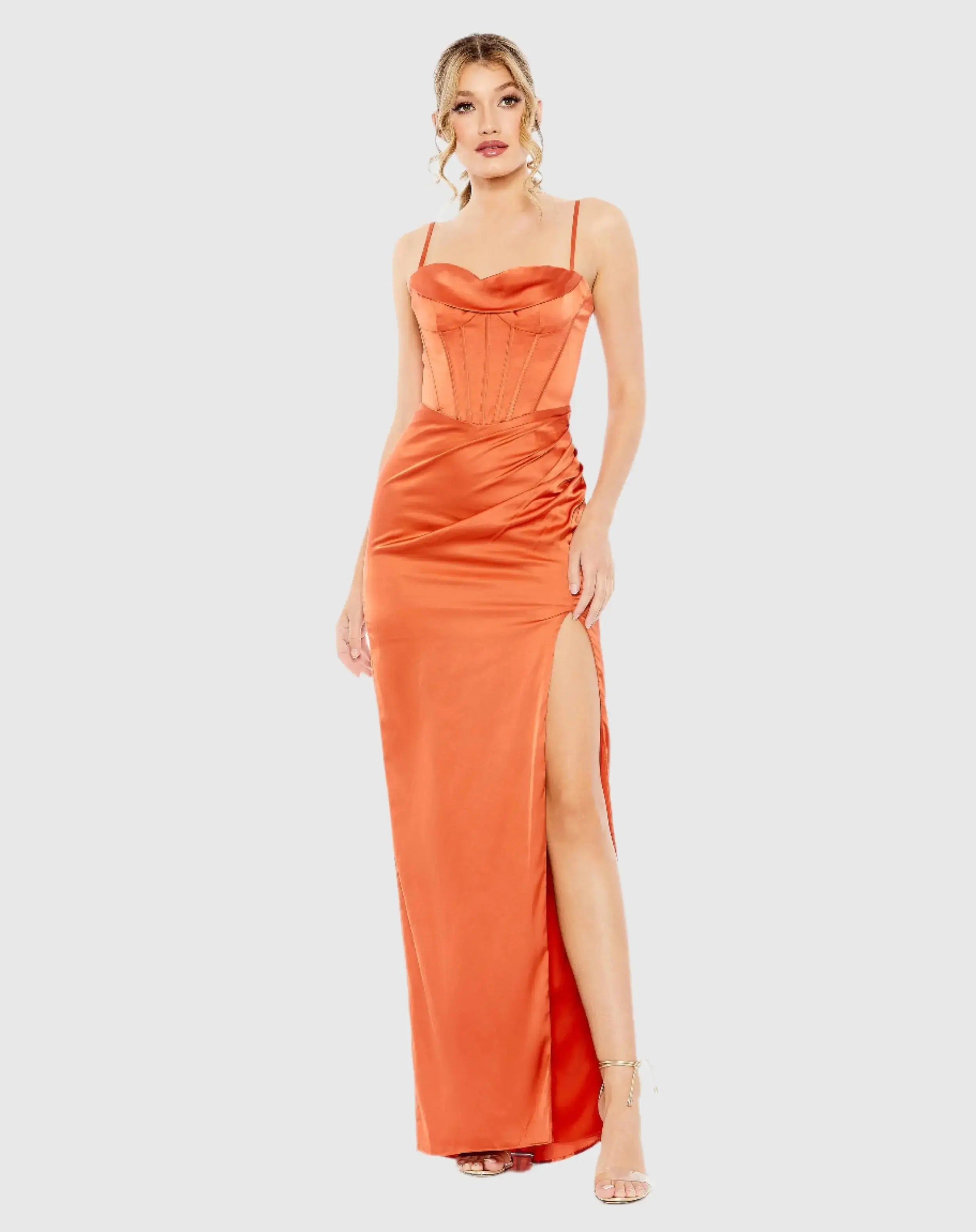 Orange Bustier Side Ruched Bodycon Gown - Mac Duggal
