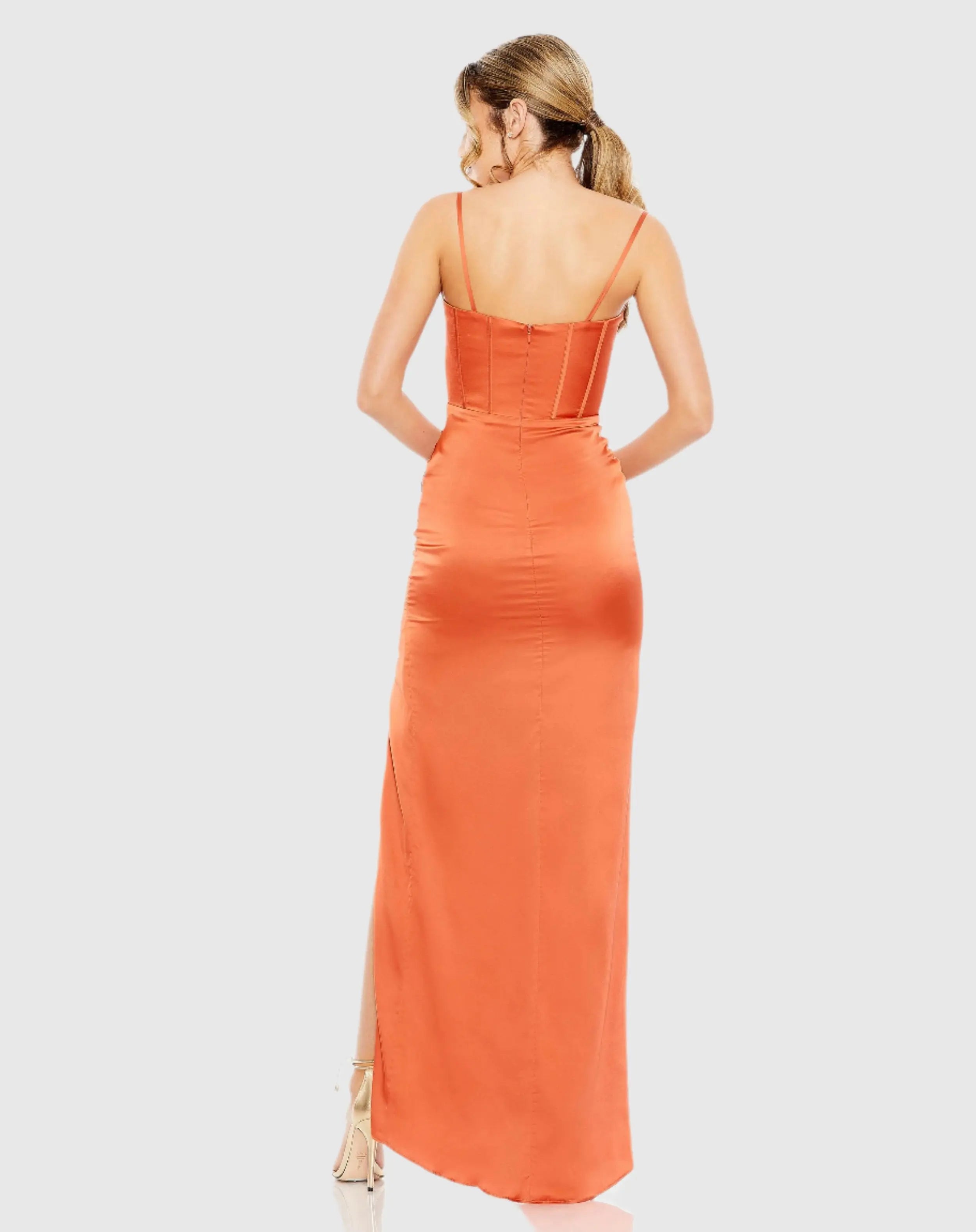 Orange Bustier Side Ruched Bodycon Gown - Mac Duggal