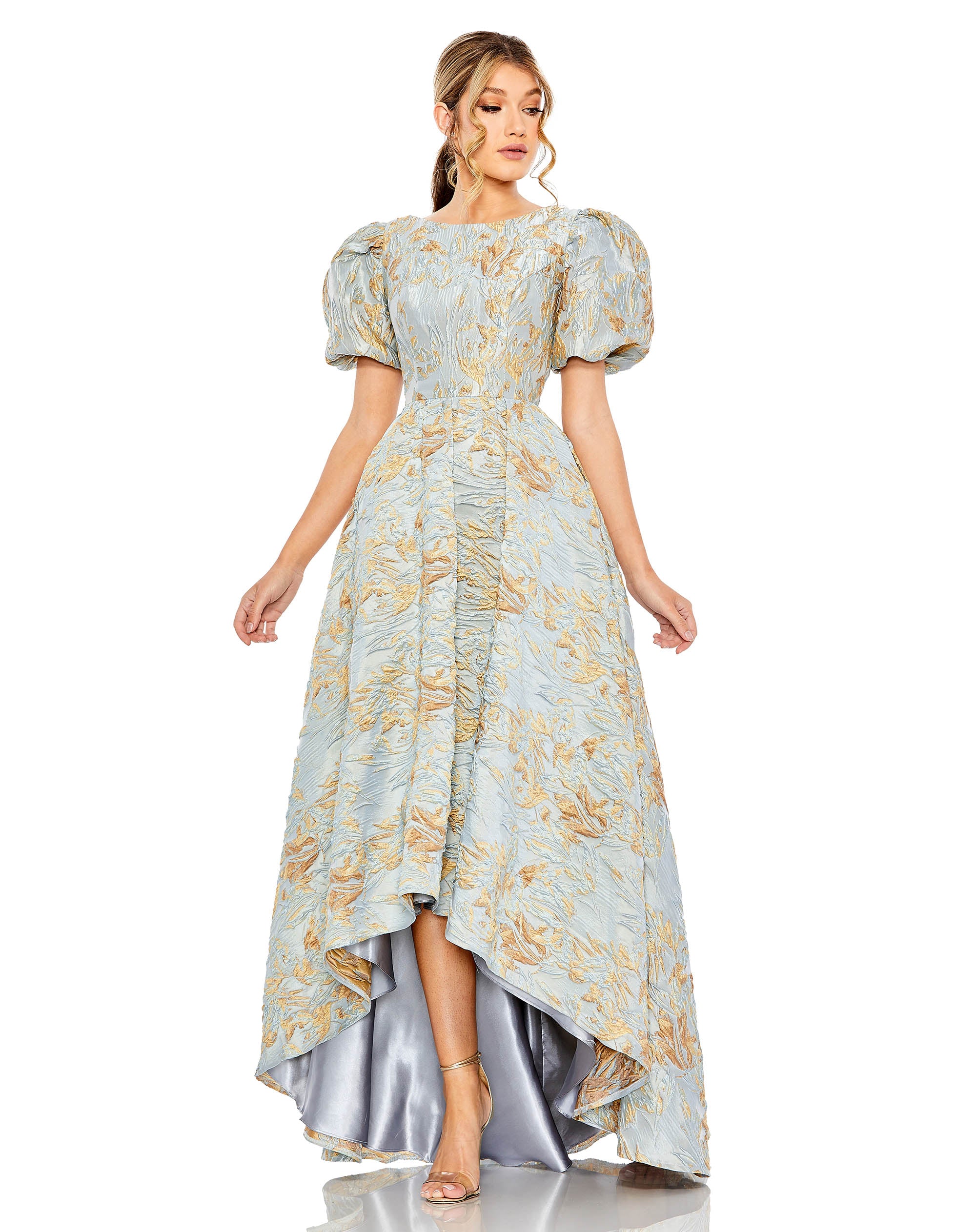 Brocade Puff Sleeve High Low Gown