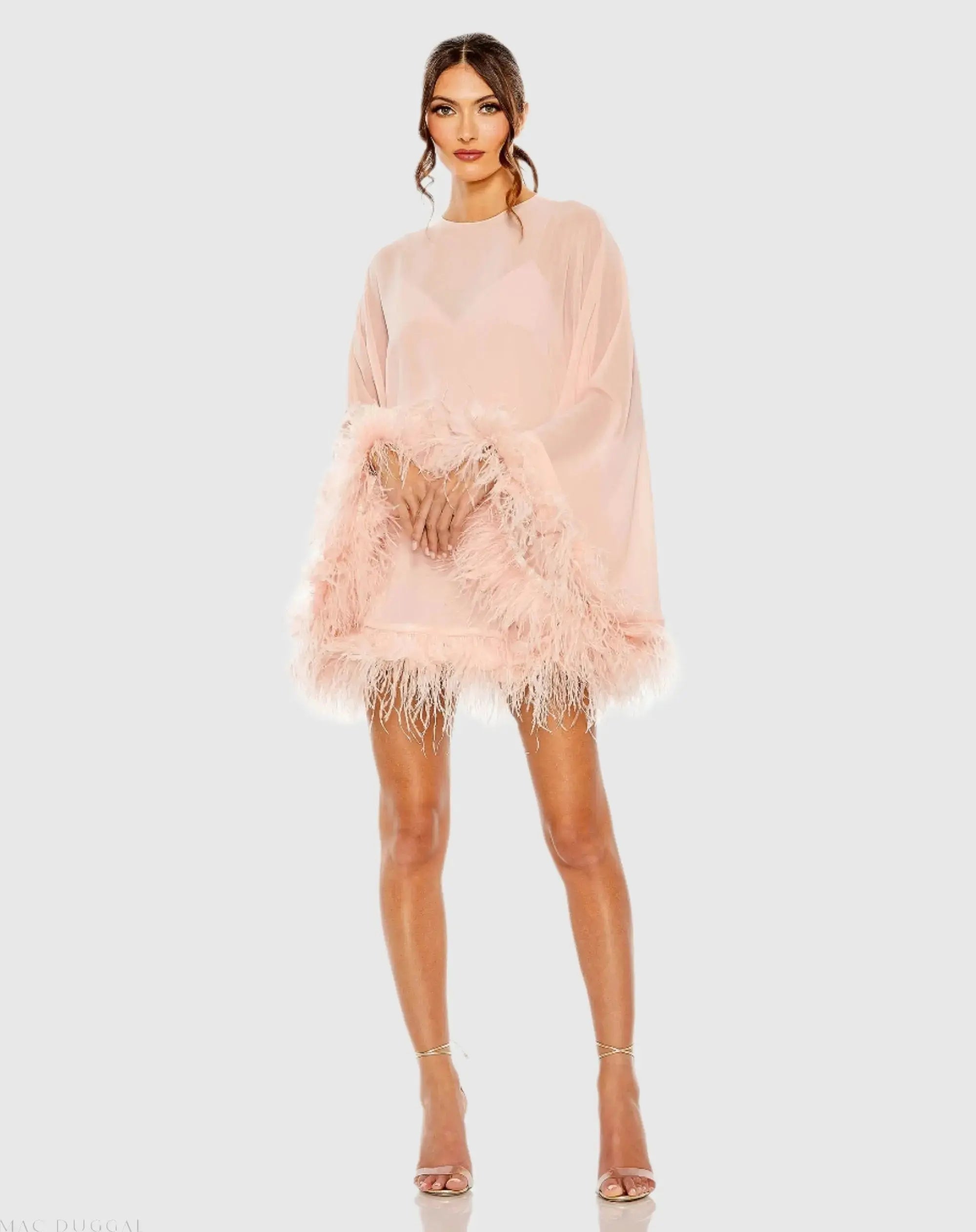 Pink Trapeze Feather Trim Mini Dress - Mac Duggal