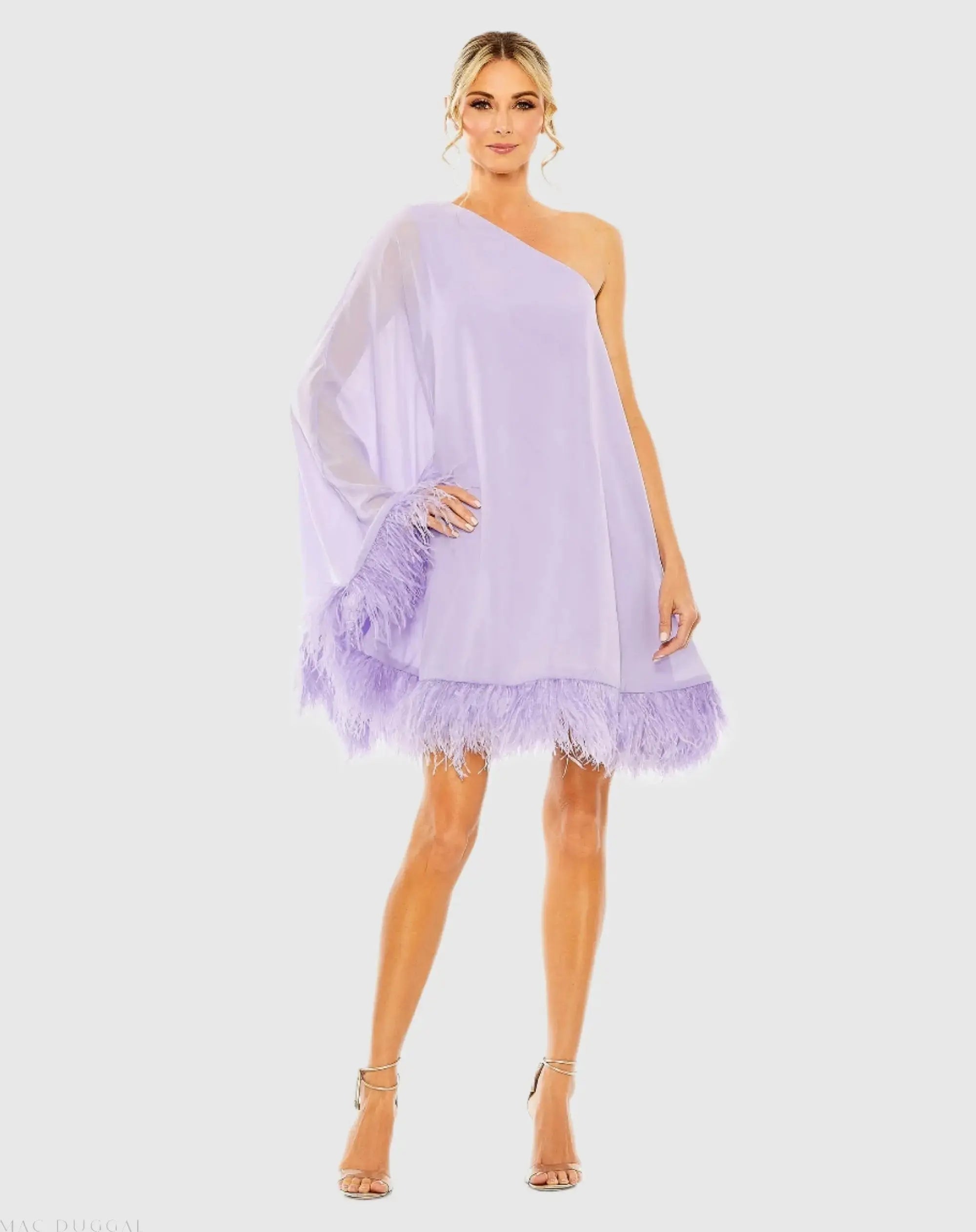 Purple One Shoulder Trapeze Dress with Feather Trim - Ieena for Mac Duggal