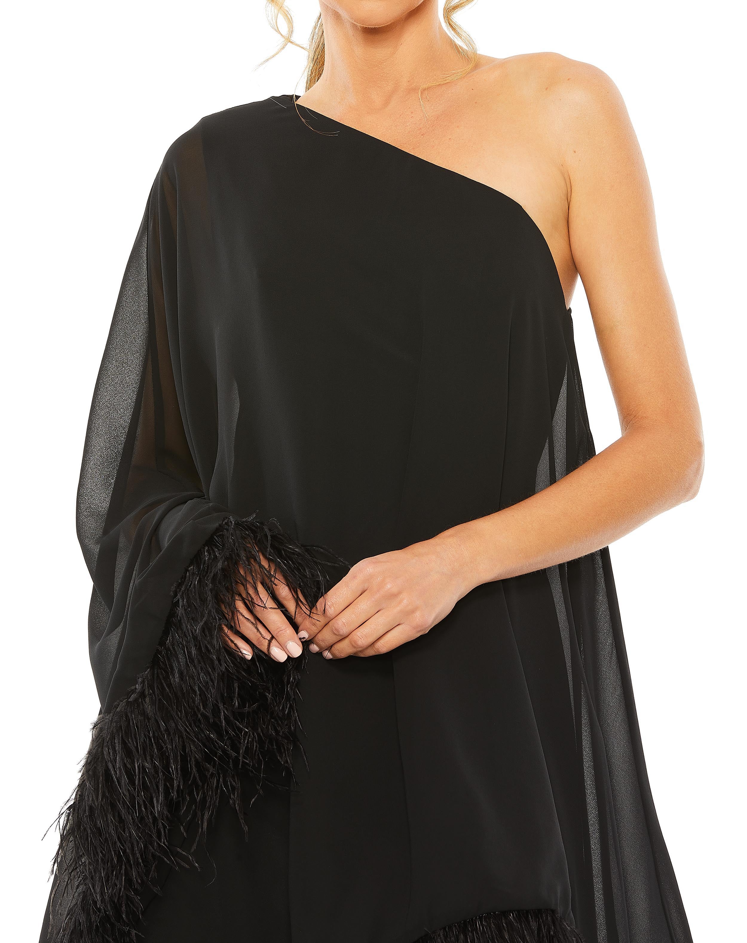 One Shoulder Trapeze Dress with Feather Trim