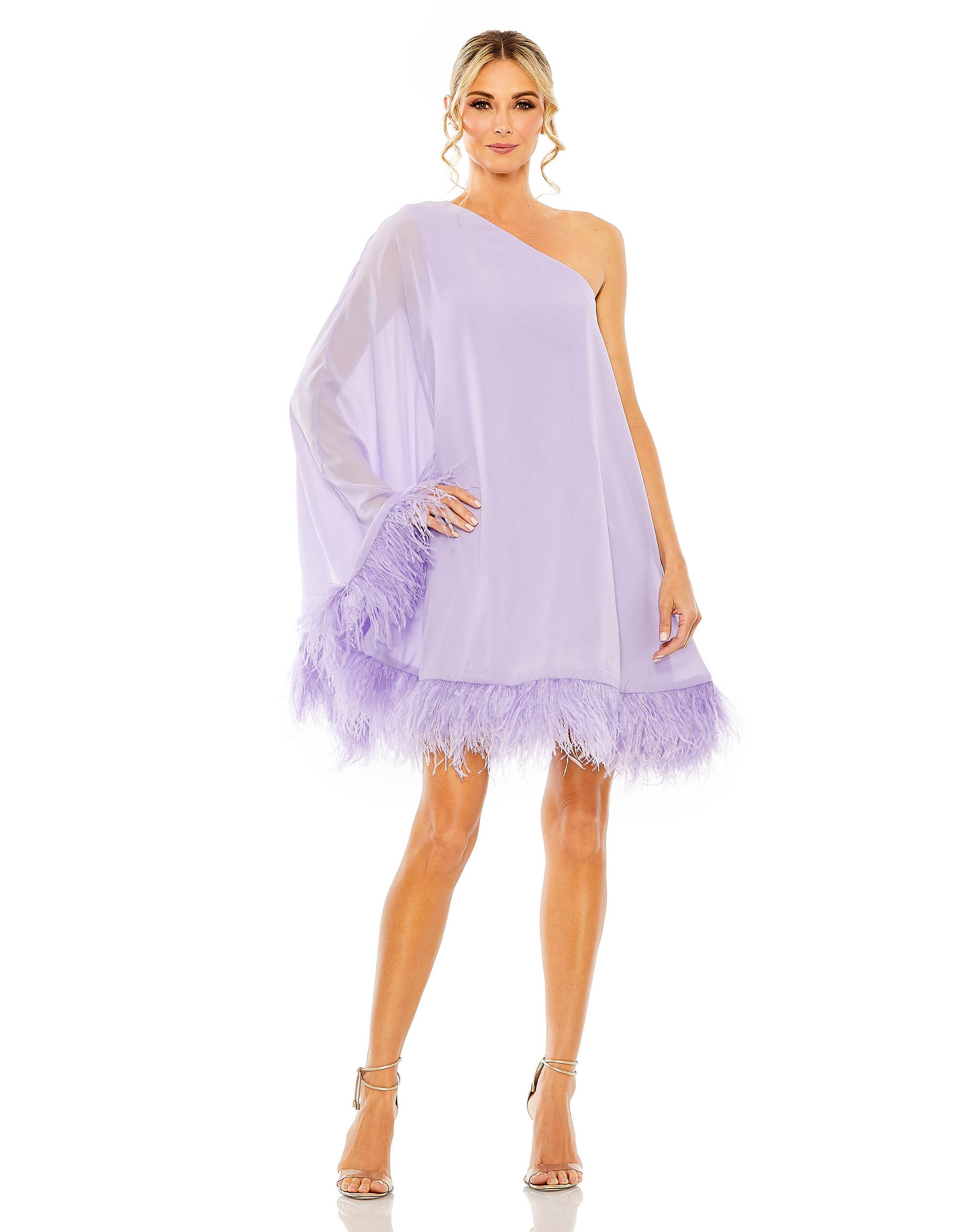 One Shoulder Trapeze Dress with Feather Trim