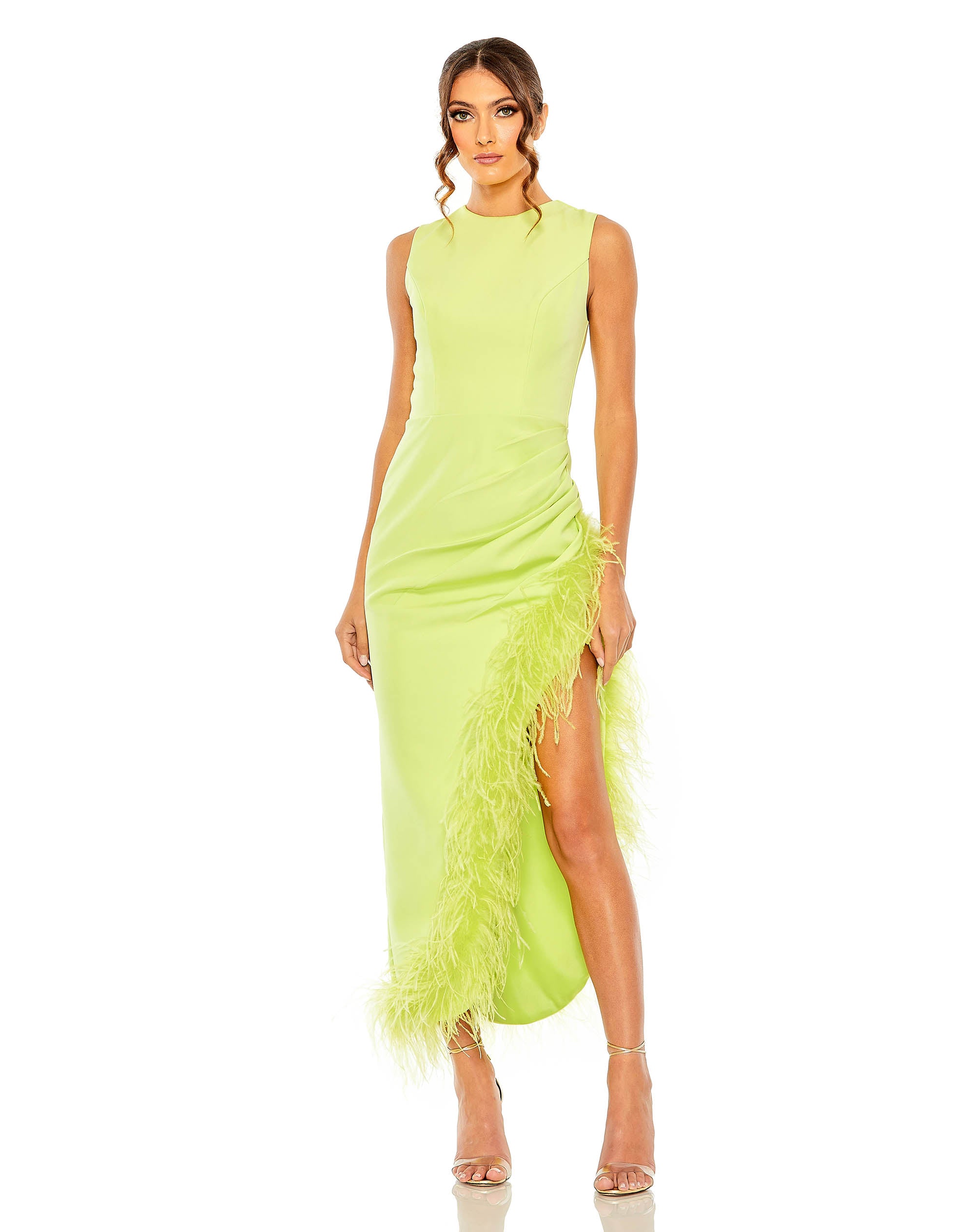 Sleeveless Faux Wrap Dress with Feather Detail