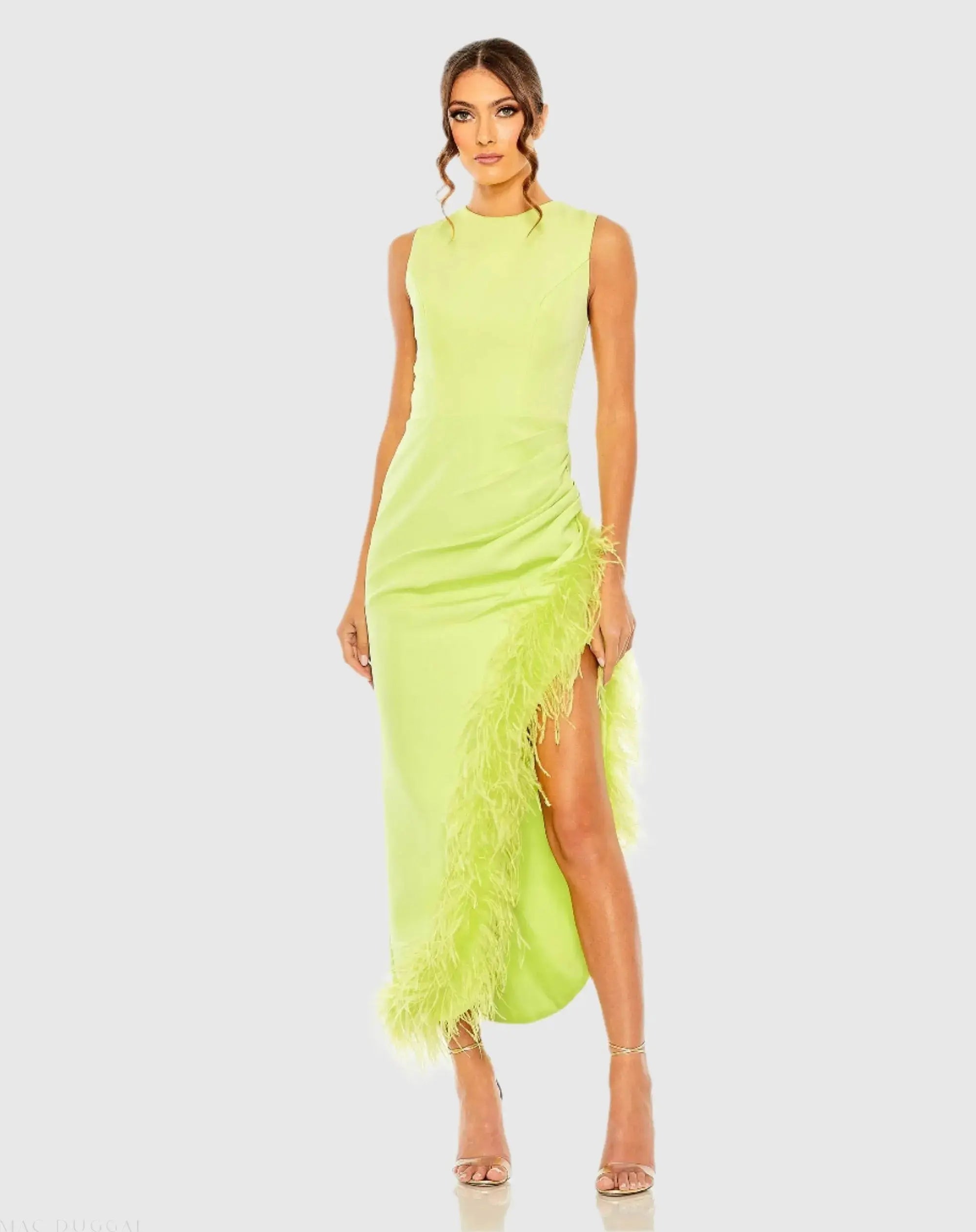 Green Ruched High-Low Column Dress with Feather Trim - Ieena for Mac Duggal