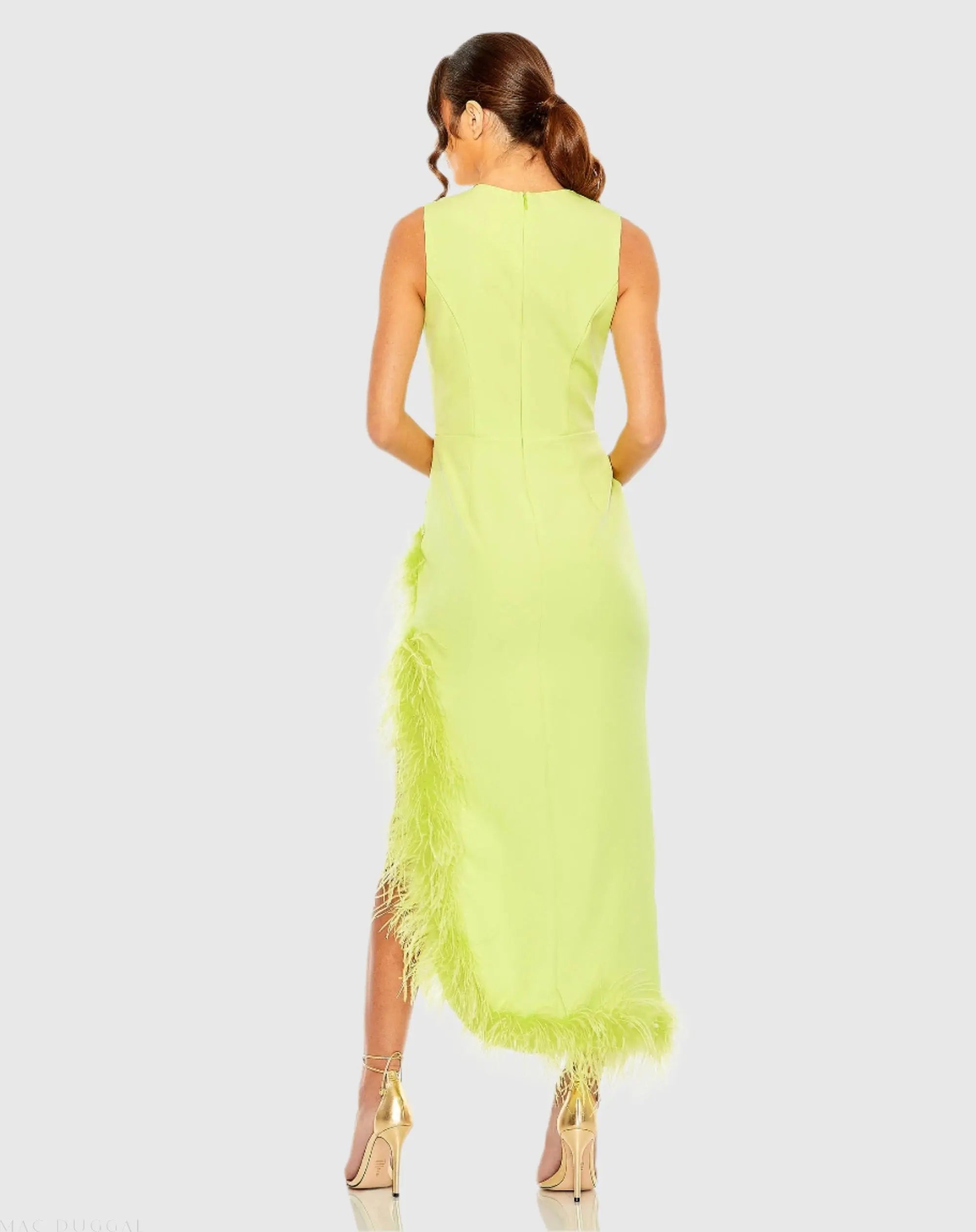 Green Ruched High-Low Column Dress with Feather Trim - Ieena for Mac Duggal