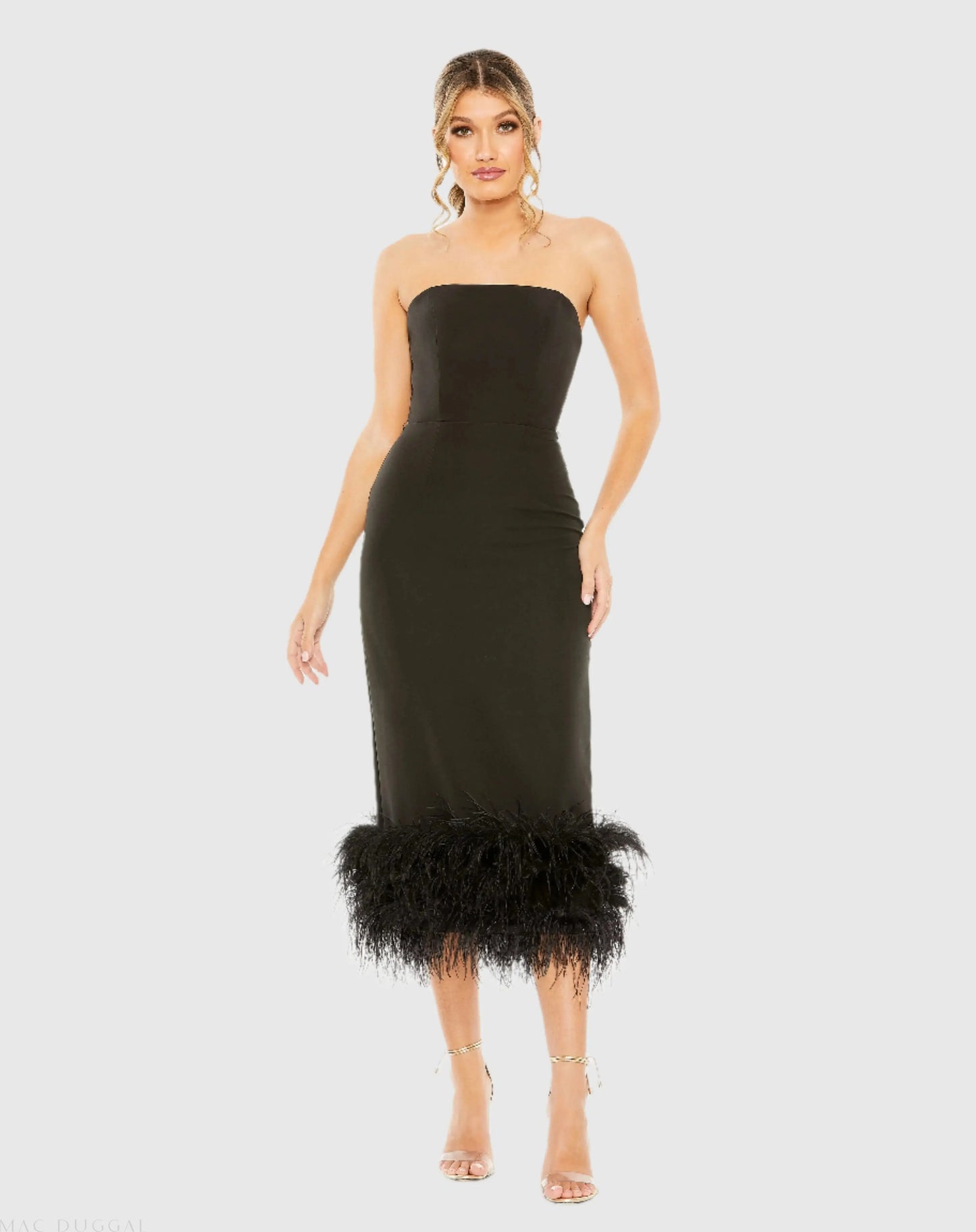 Black Strapless Dress with Feather Trim - Ieena for Mac Duggal