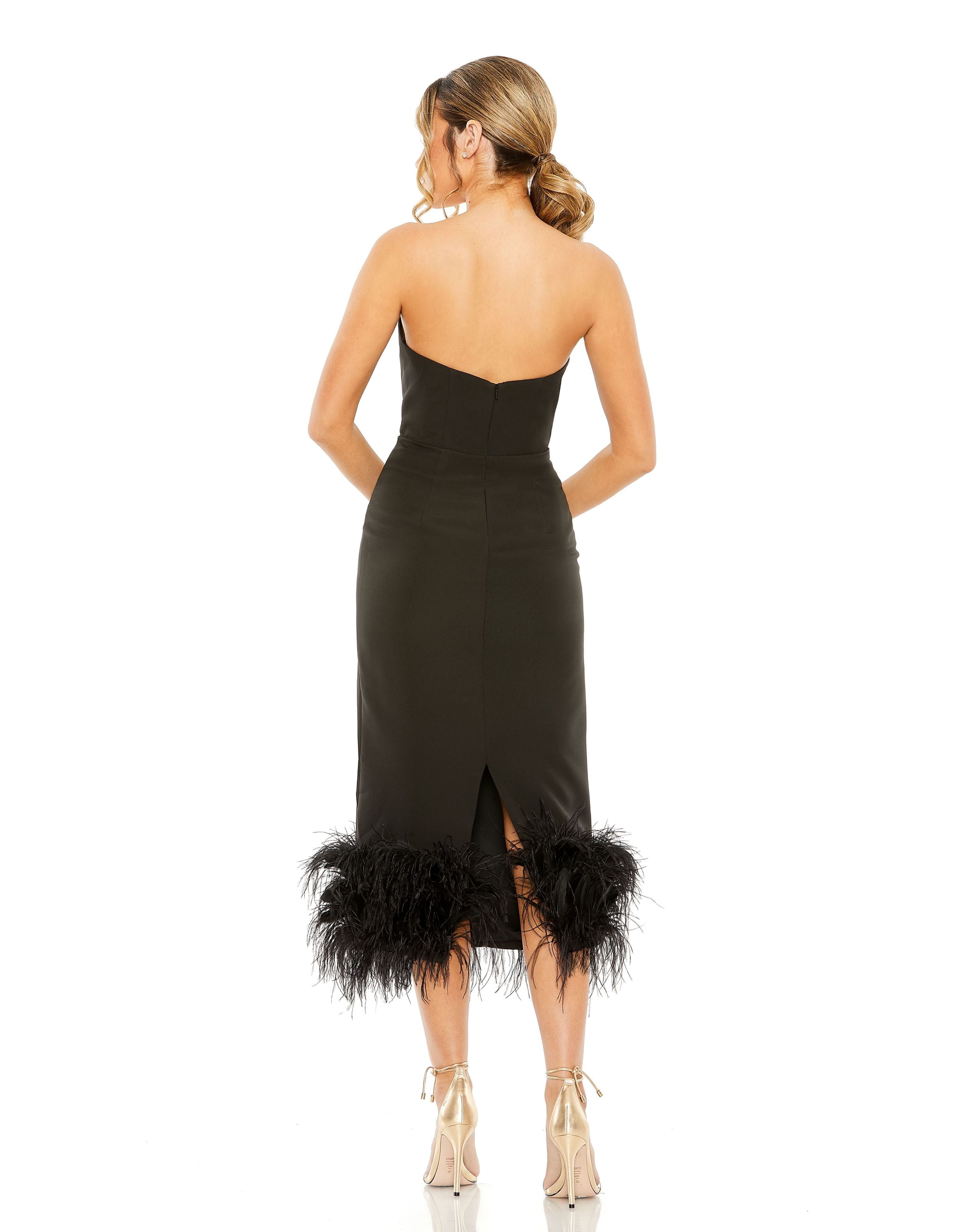 Strapless Column Dress with Feather Trim