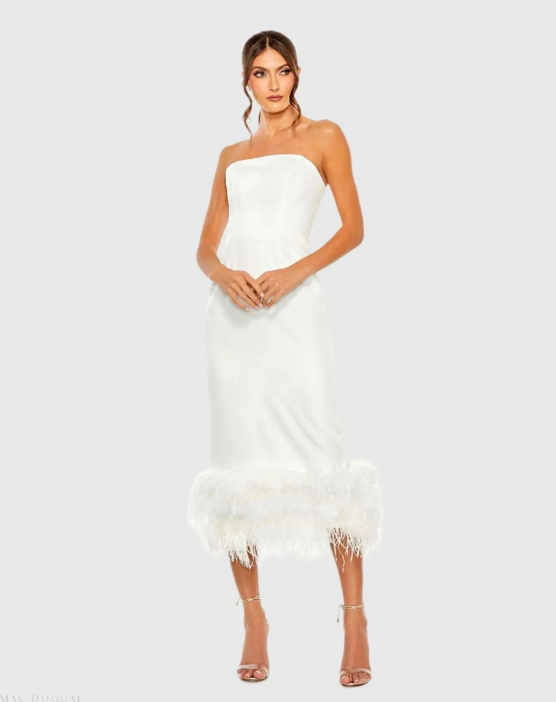 White Strapless Column Dress with Feather Trim - Mac Duggal White Strapless Column Dress with Feather Trim - Mac Duggal