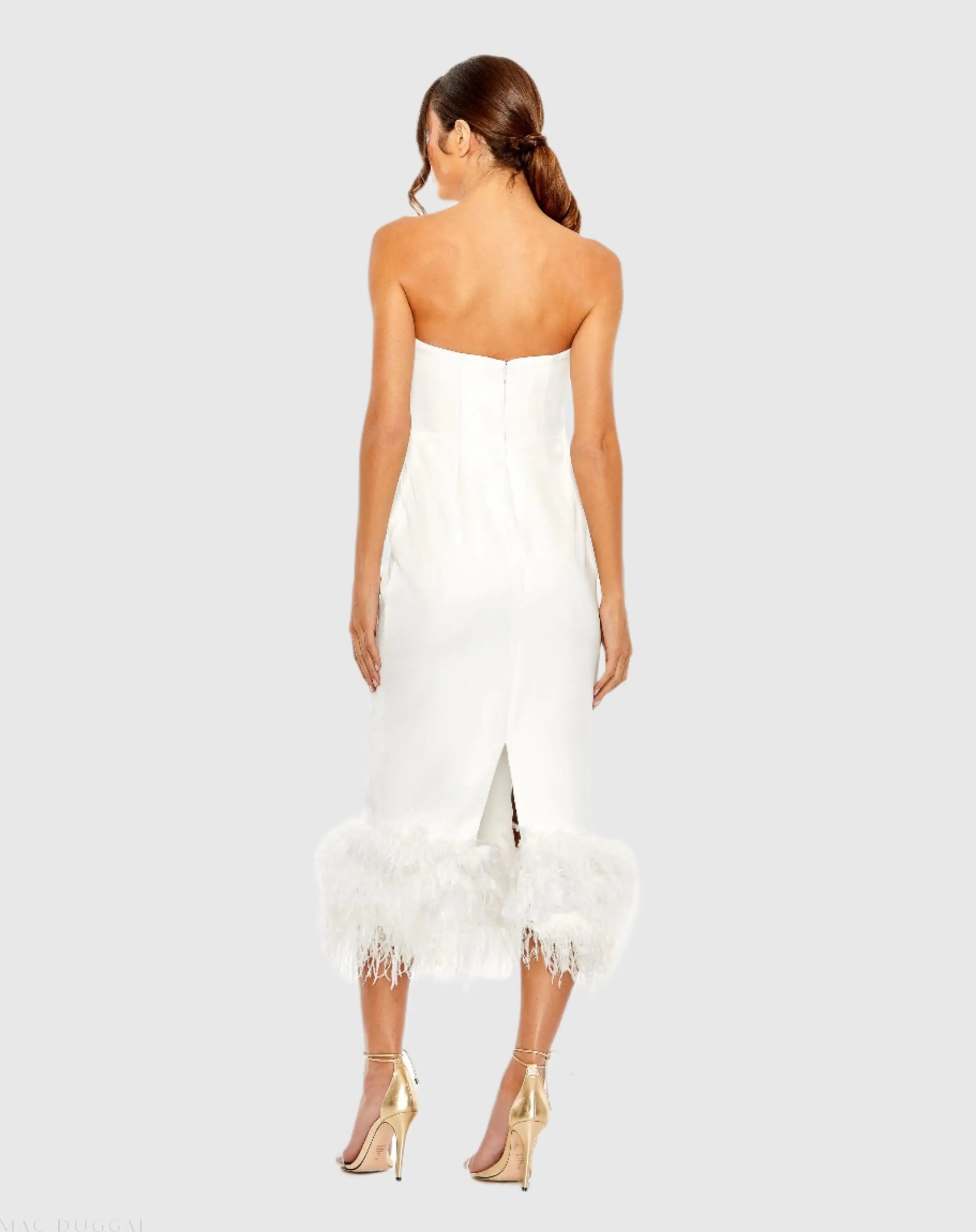 Mac Duggal - Strapless Column Dress with Feather Trim - White Mac Duggal - Strapless Column Dress with Feather Trim - White