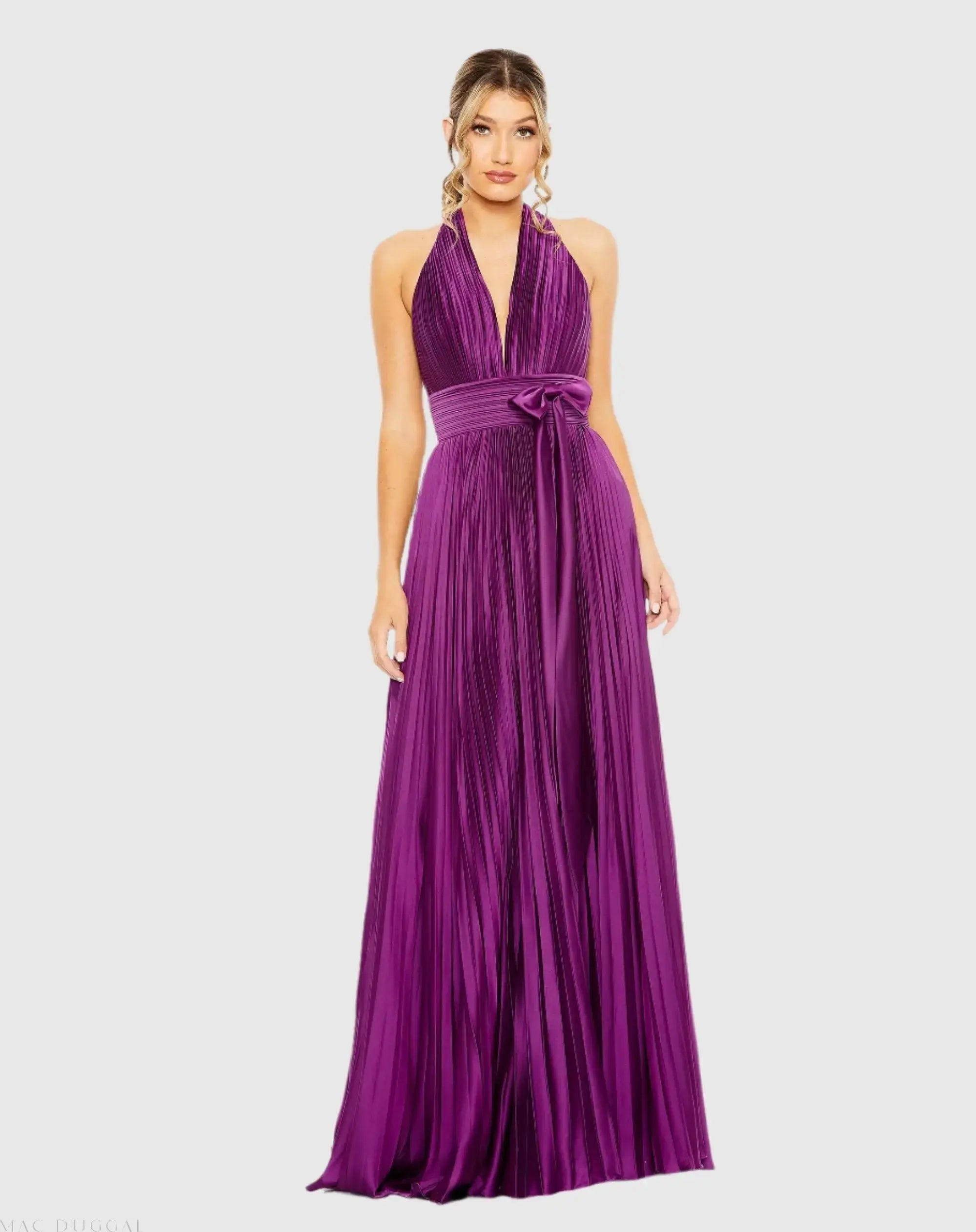 Purple Pleated Halter Neck Gown with Center Bow - Ieena for Mac Duggal