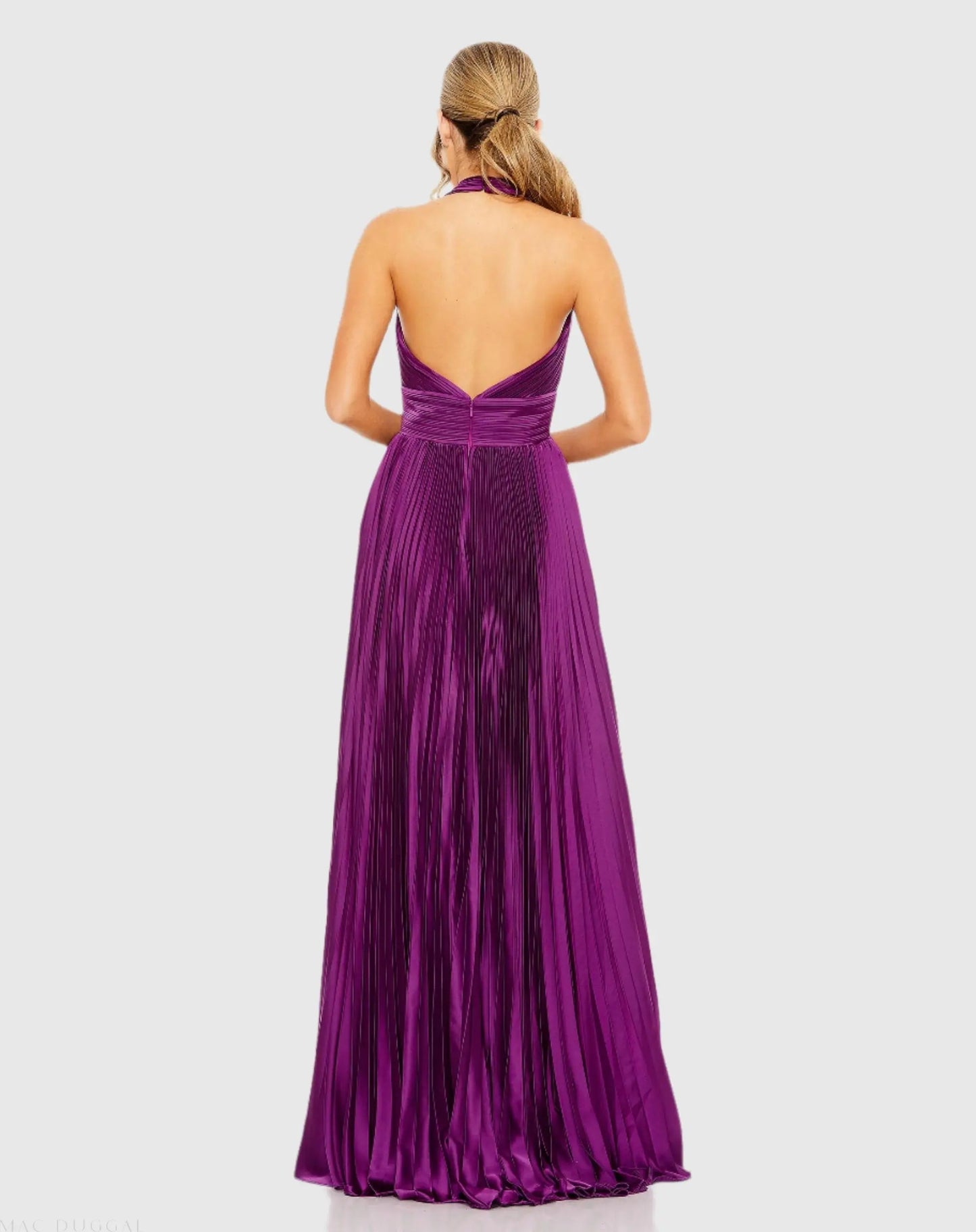 Purple Pleated Halter Neck Gown with Center Bow - Ieena for Mac Duggal
