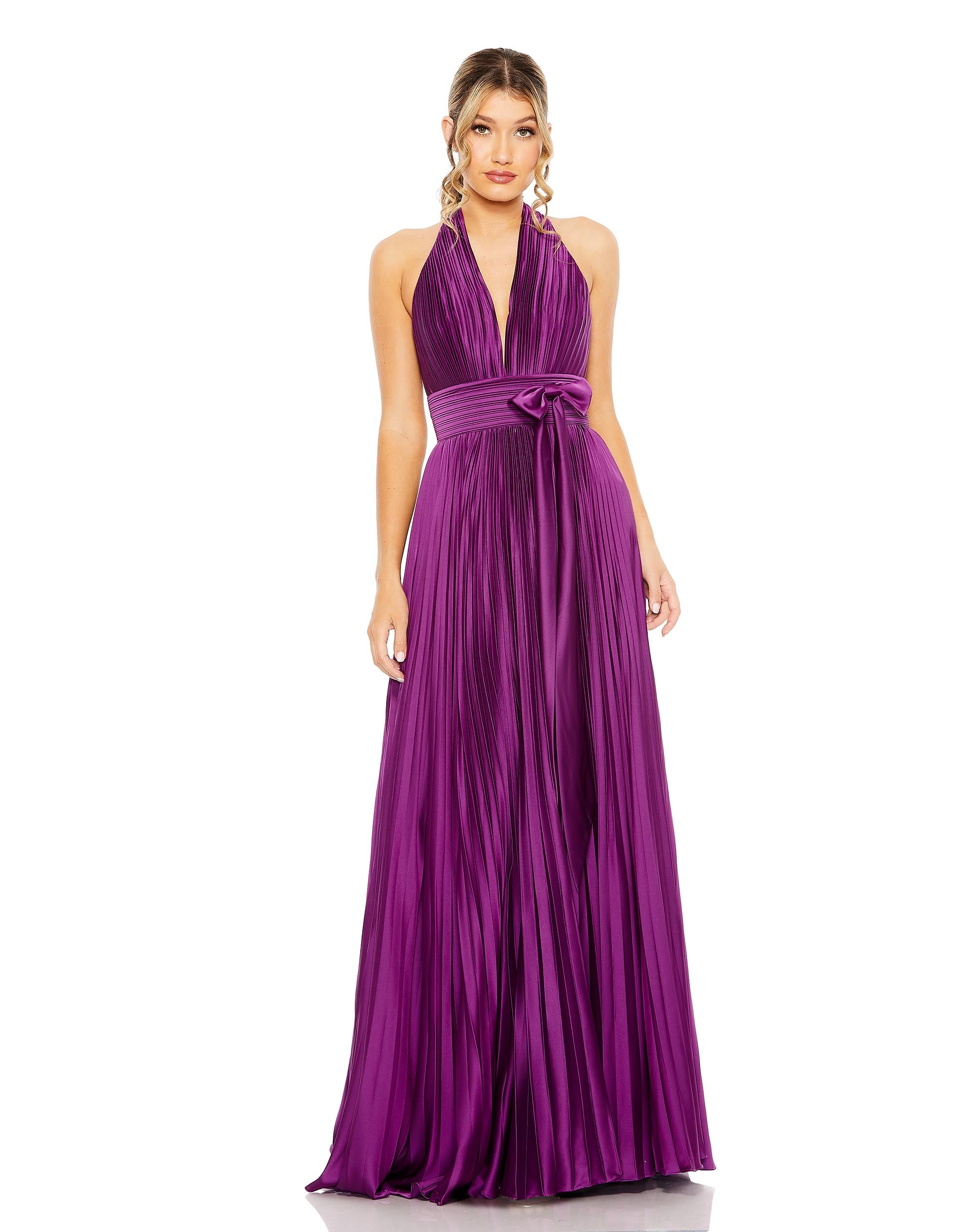 Pleated Halter Neck Gown with Center Bow