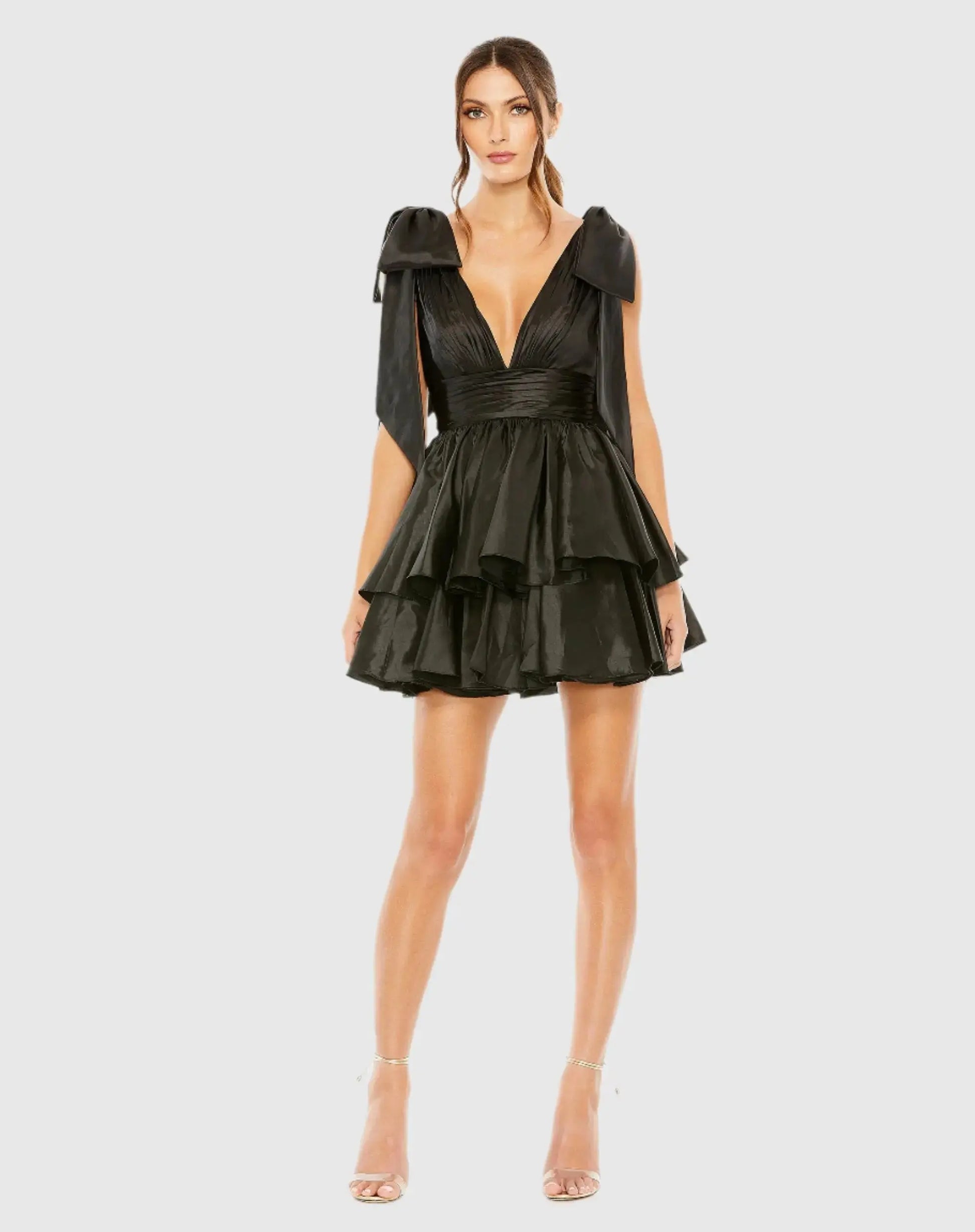 Black Oversized Bow Deep V Ruffle Mini Dress - Mac Duggal