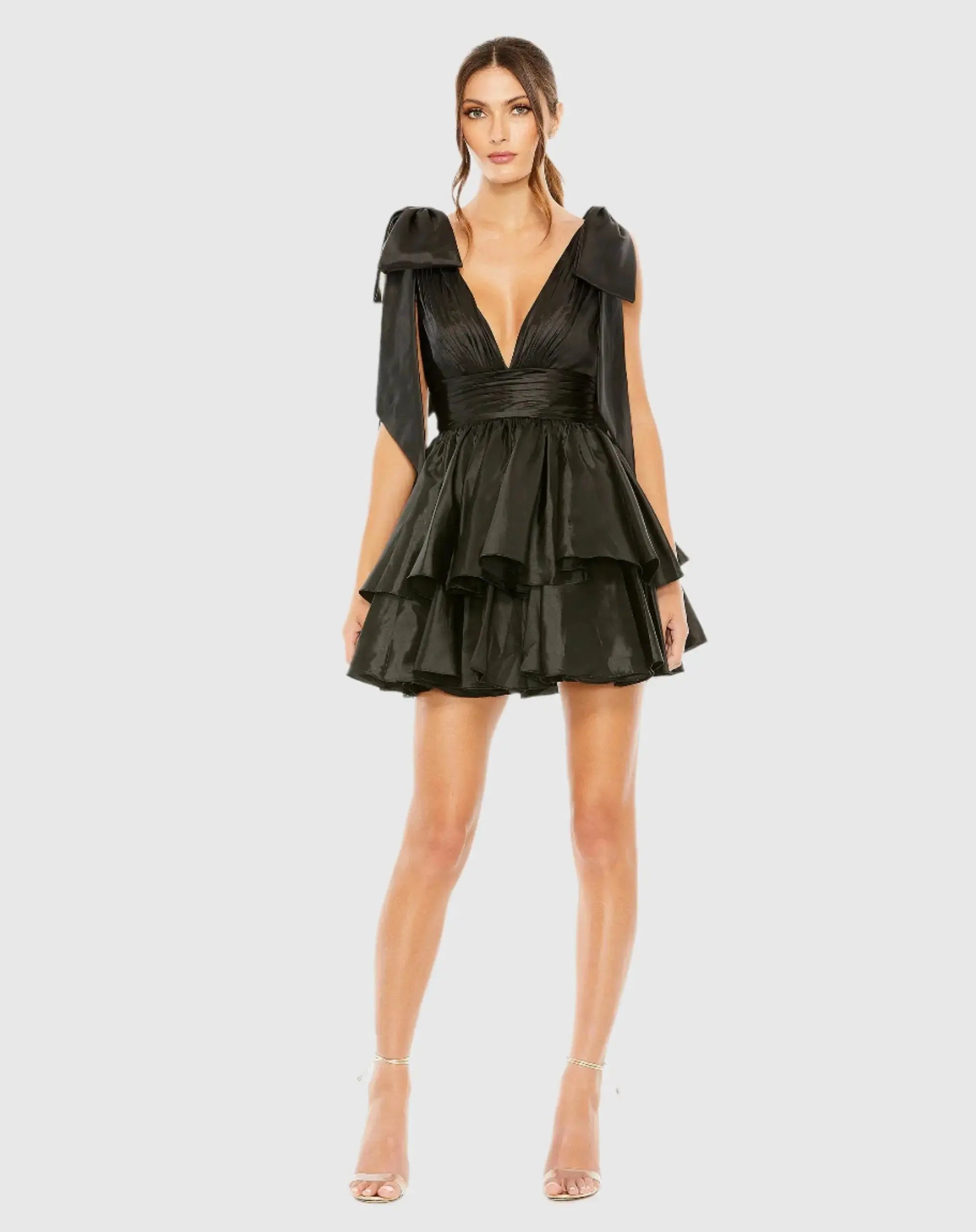 Black Oversized Bow Deep V Ruffle Mini Dress - Mac Duggal