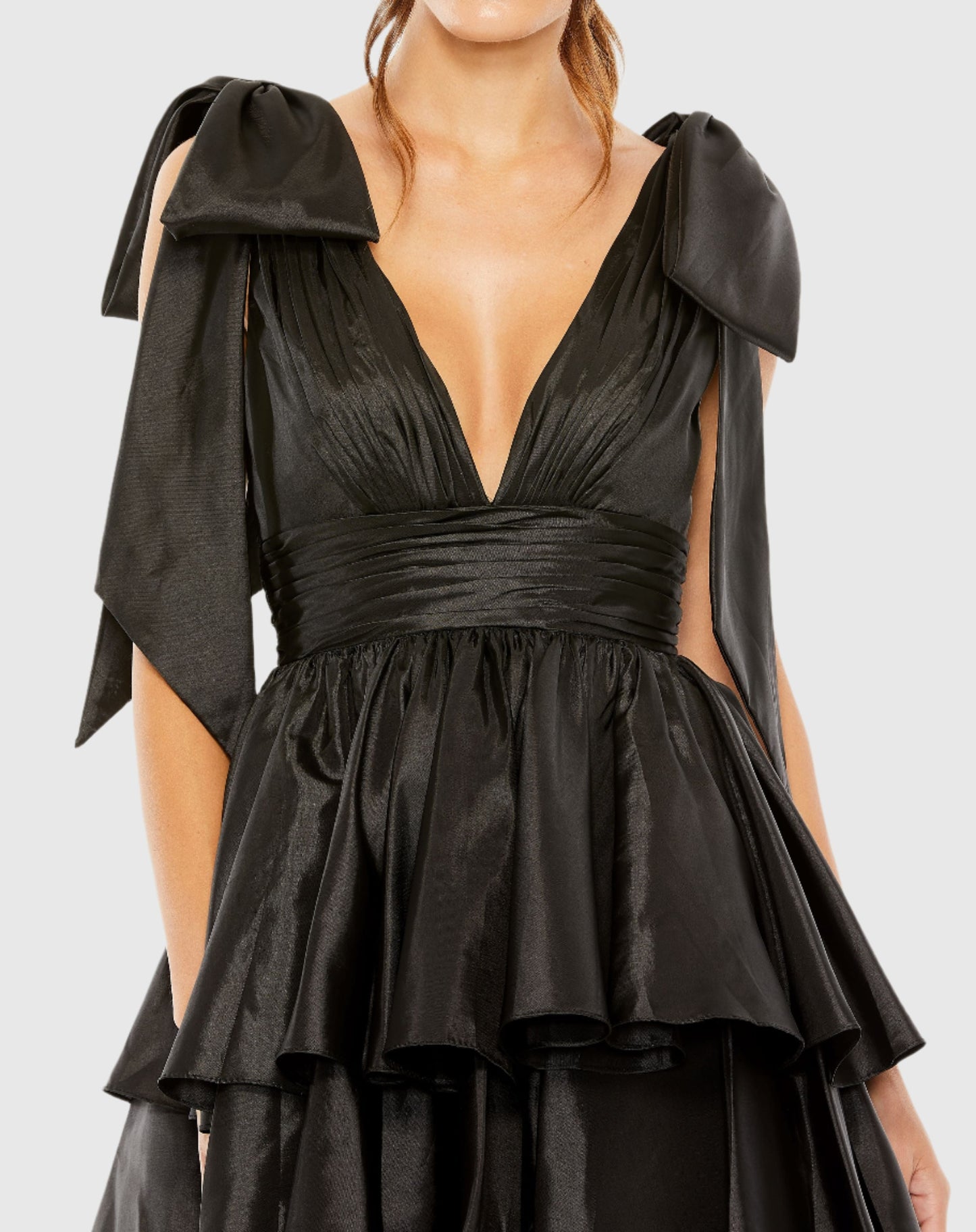 Oversized Bow Deep V Ruffle Mini Dress